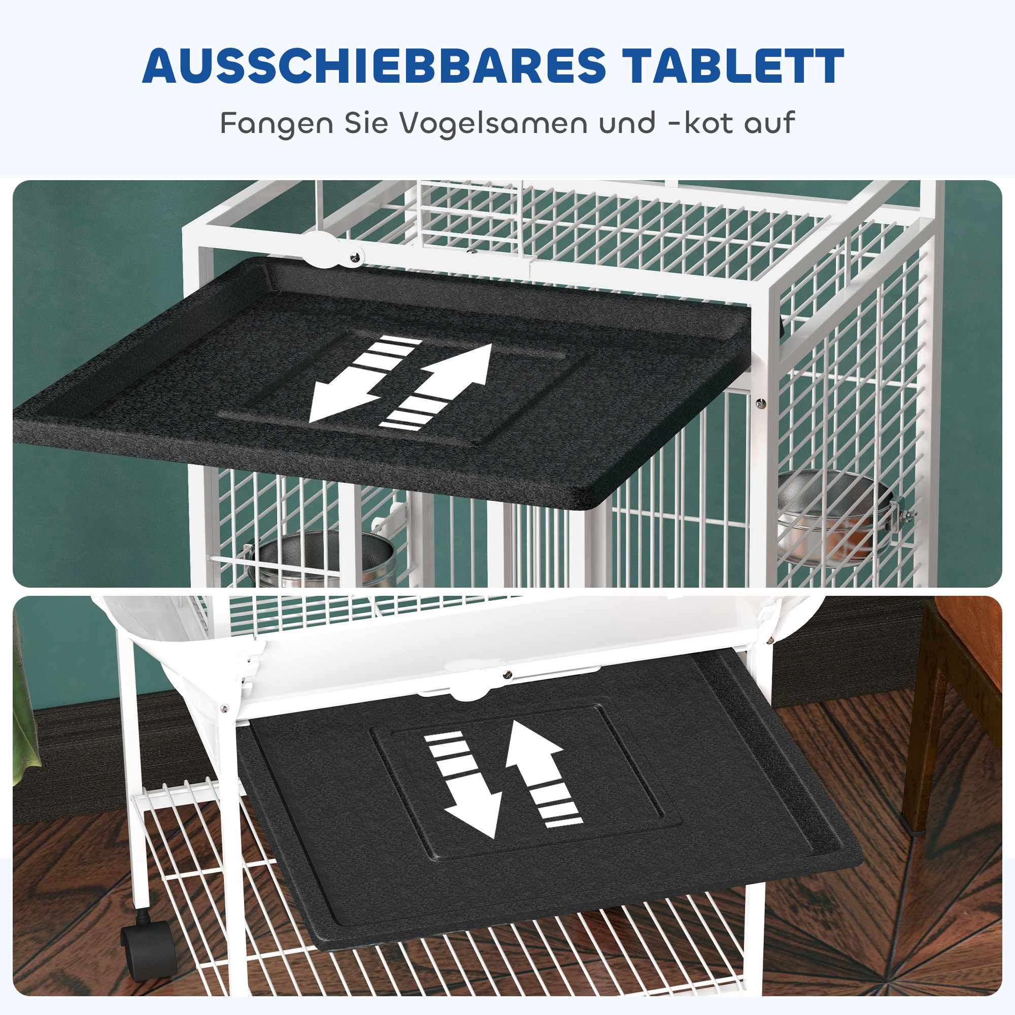 Papegojbur med 3 dörrar, 2 sittpinnar, hjul, vit