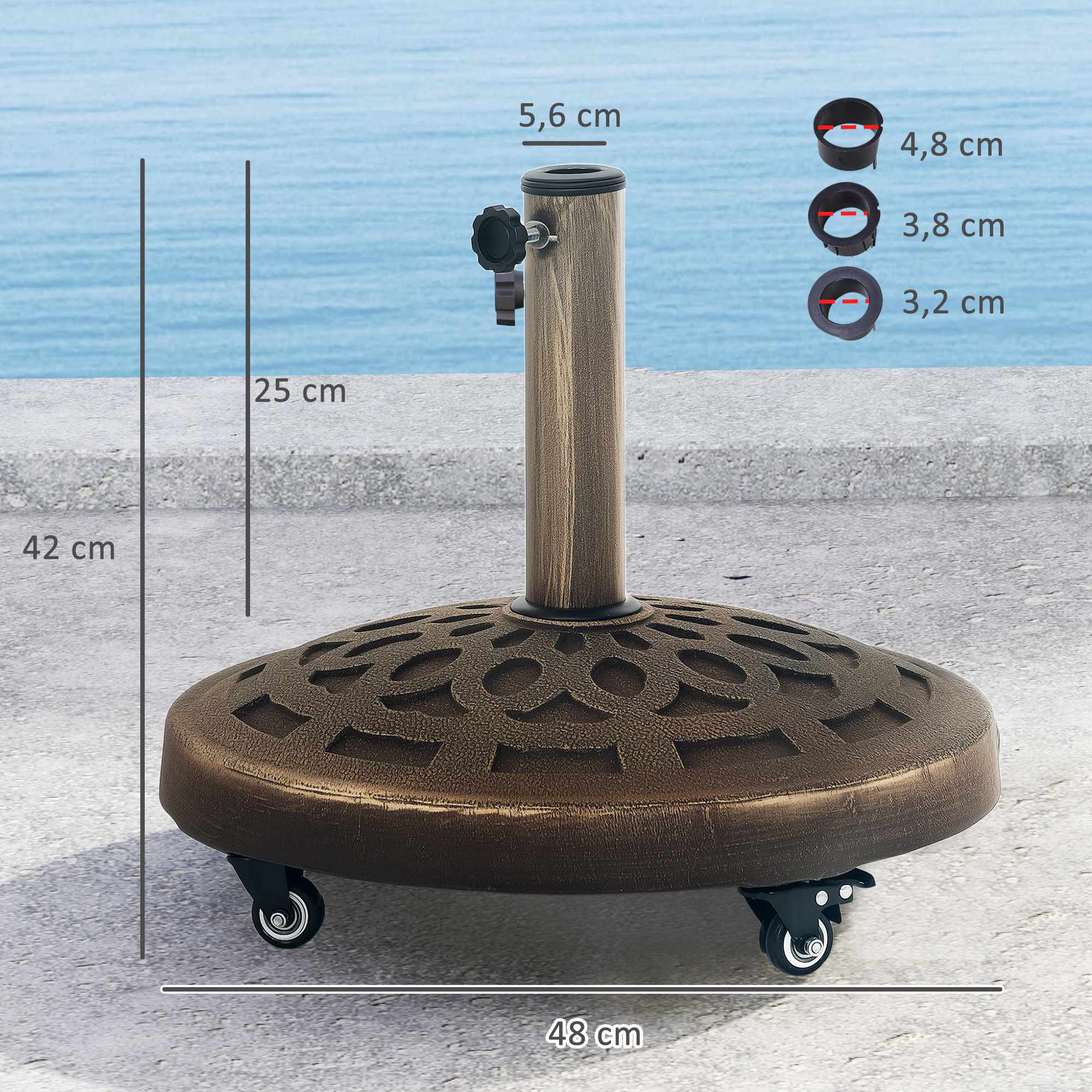 Paraplyställ i betong med hjul, passar stänger med diameter 32-48 mm