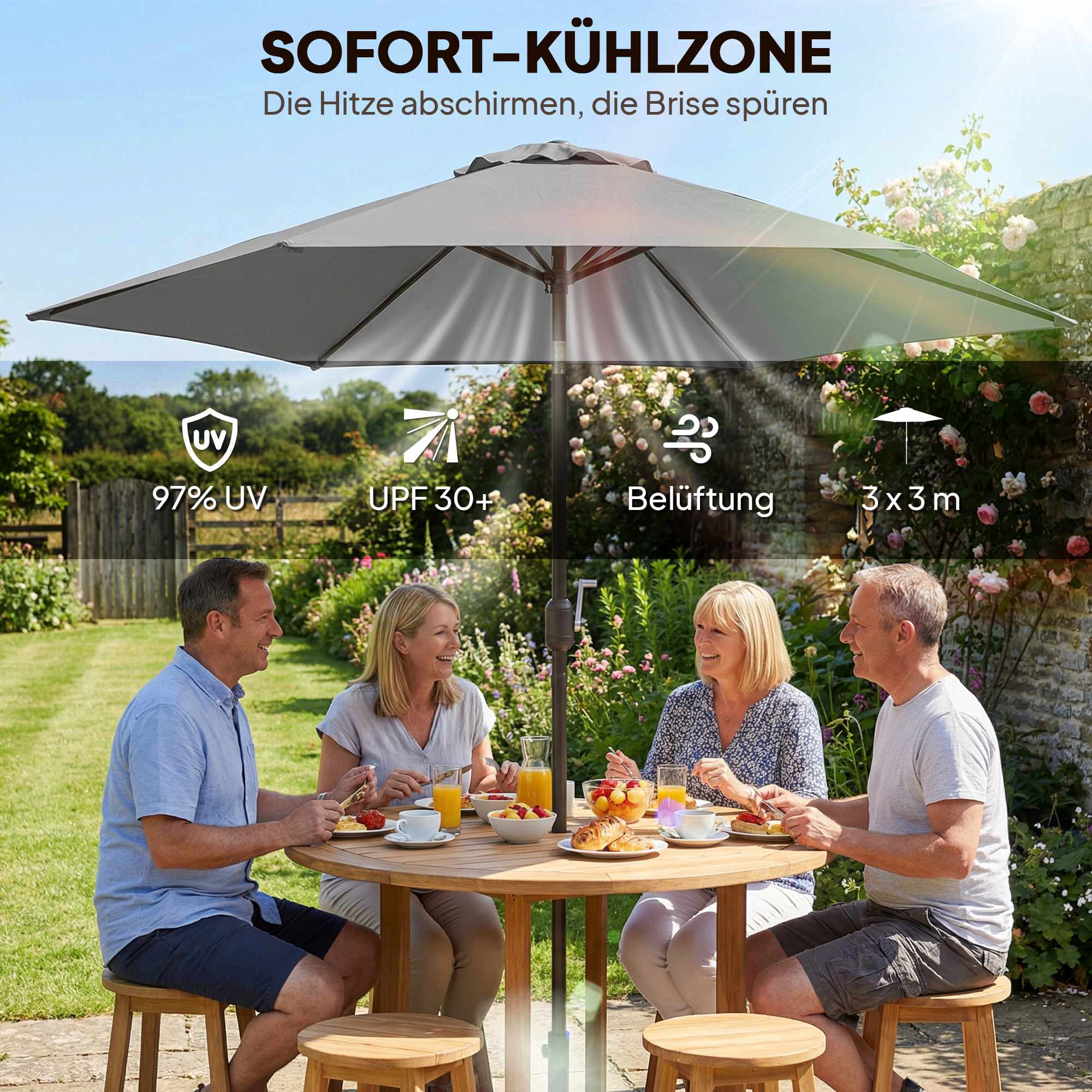 Parasoll 2,95 m med lutning, UPF30+ polyester