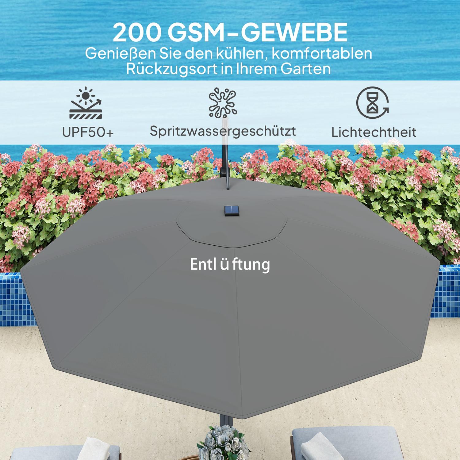 Parasoll i aluminium – 300 cm, LED Solar, UV50+ Justerbar