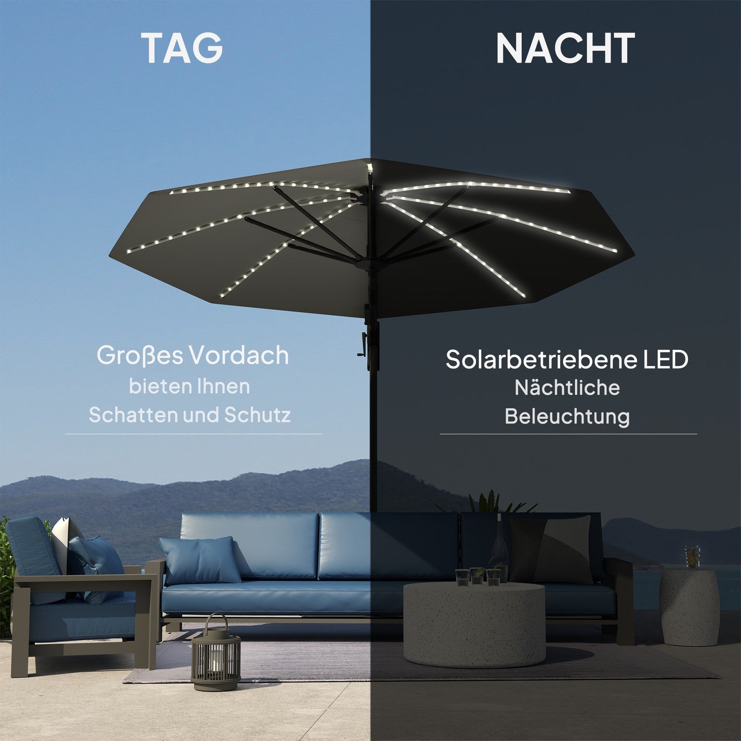 Parasoll i aluminium – 300 cm, LED Solar, UV50+ Justerbar