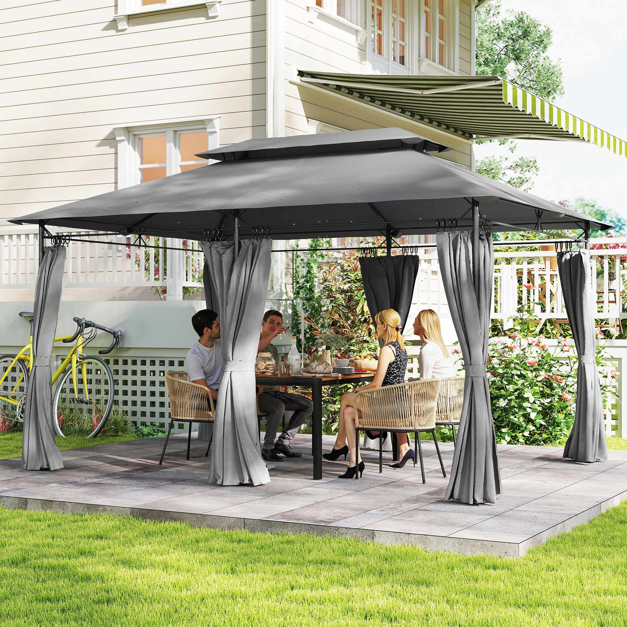Paviljong 3x4 m med gardiner, dubbelt tak, metallram