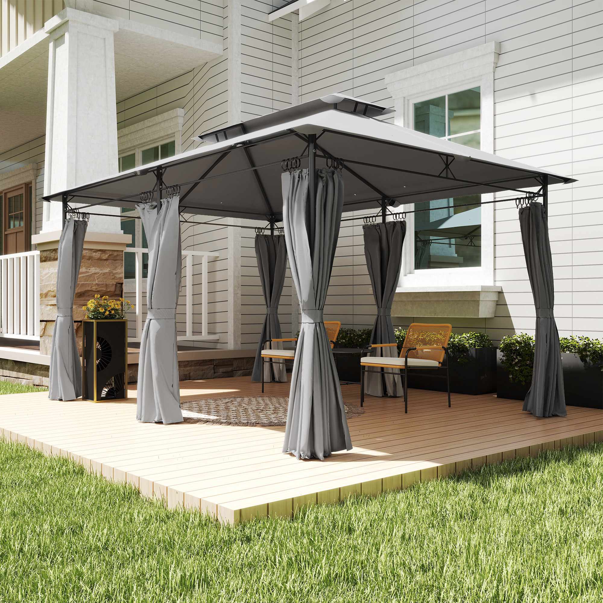 Paviljong 3x4 m med gardiner, dubbelt tak, metallram