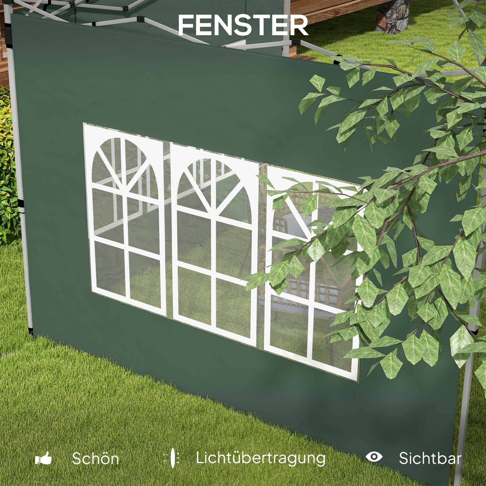 Paviljongens sidoväggar med fönster, vattentäta, gröna
