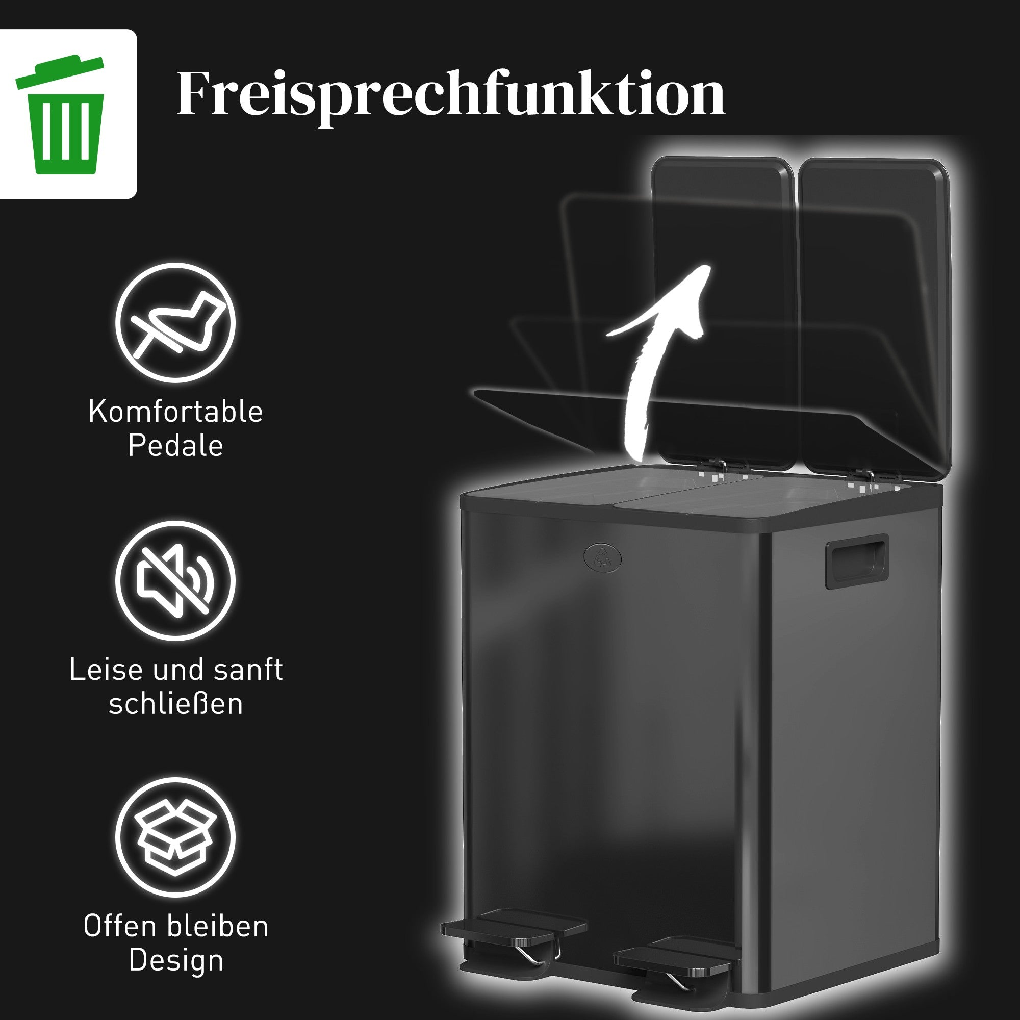 Pedalbin i rostfritt stål med dubbla fack, 40 liter
