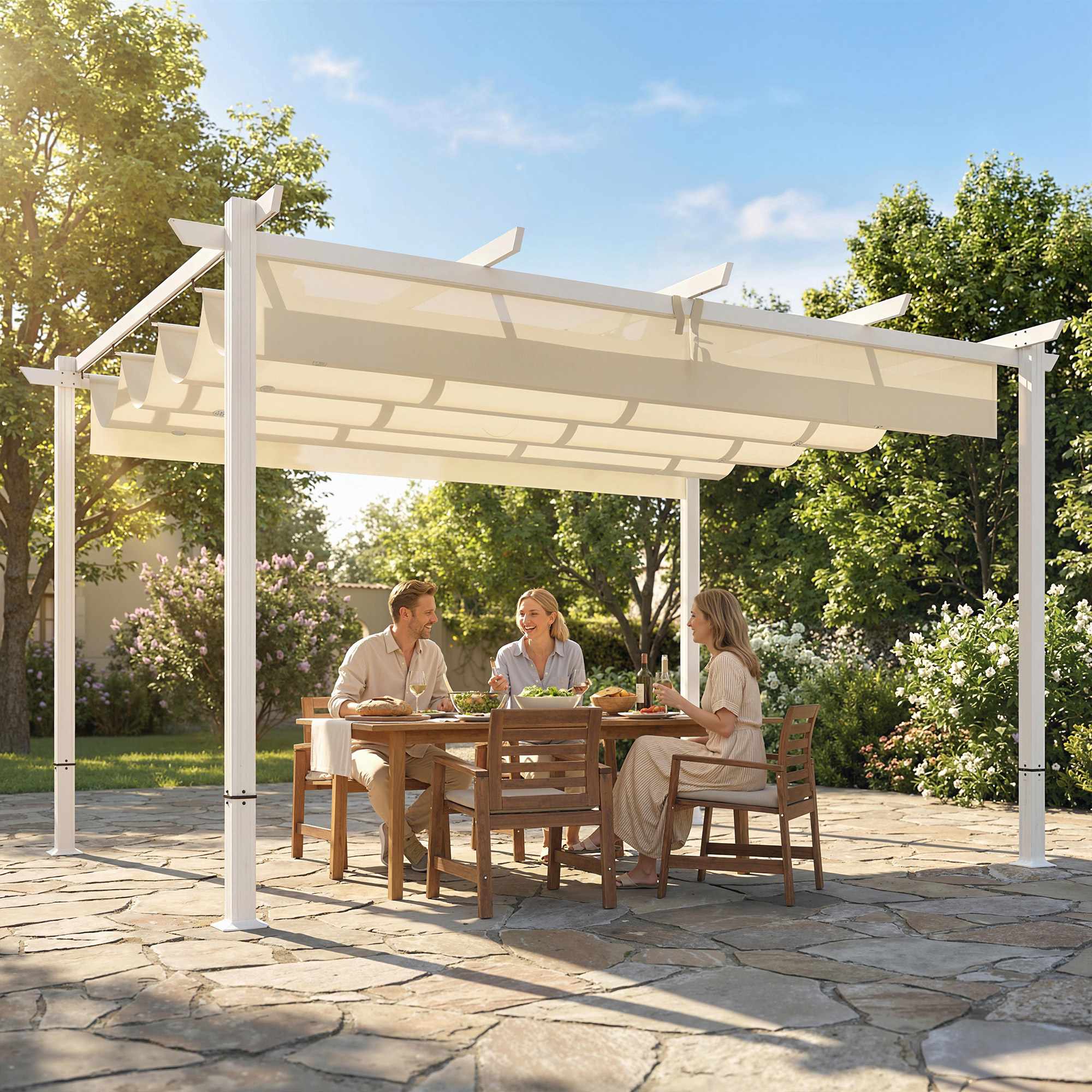 Pergola 3x4 m med utdragbar UV30+ tak, beige