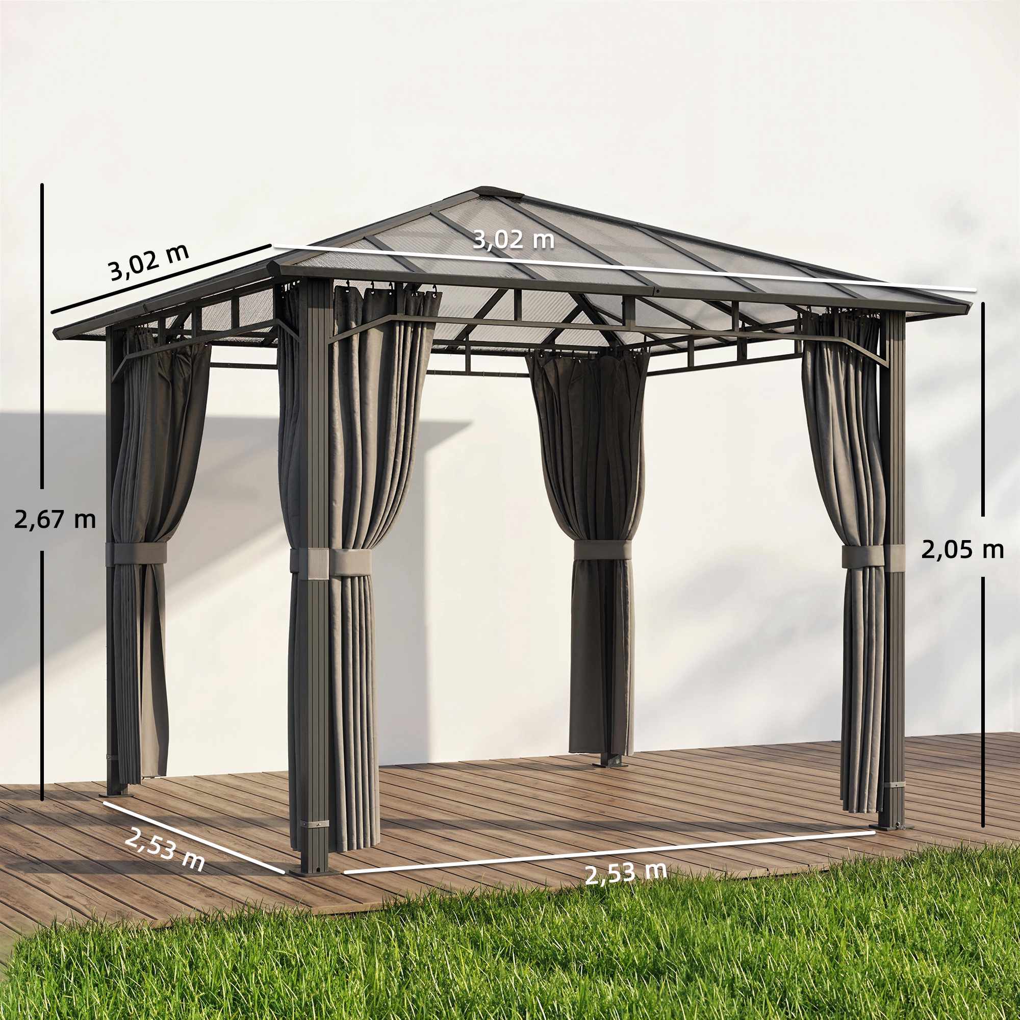 Permanent paviljong med hårt tak, 6 mm PC-tak, metallram, 302x302 cm