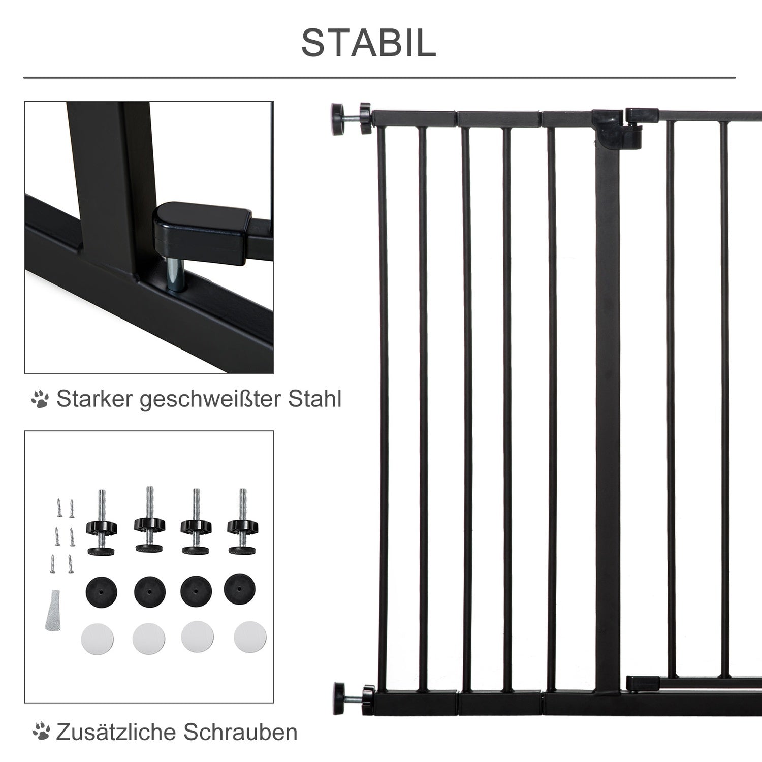 Pet Dog Gate – Black Steel, No-Drill, 76-107x76cm