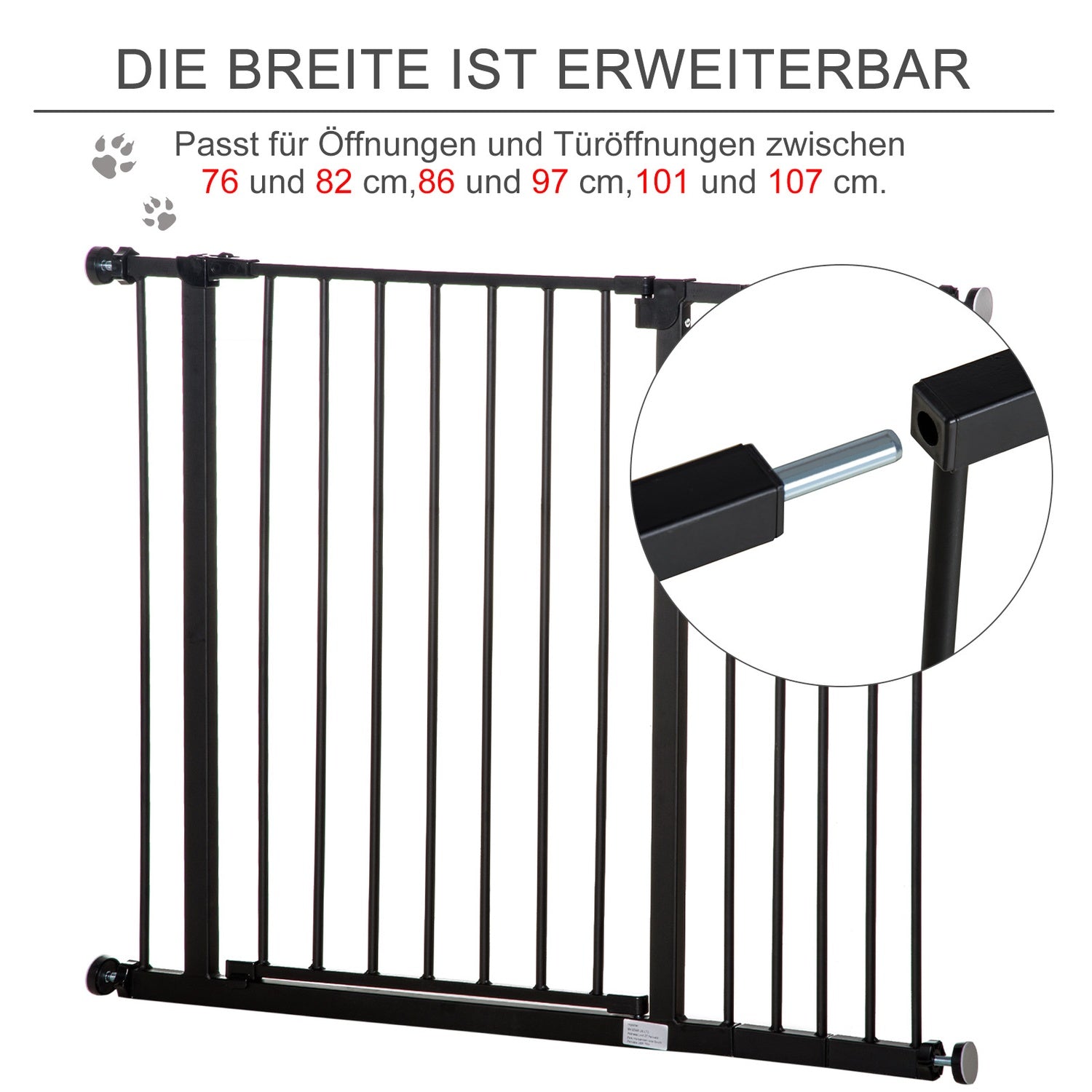Pet Dog Gate – Black Steel, No-Drill, 76-107x76cm