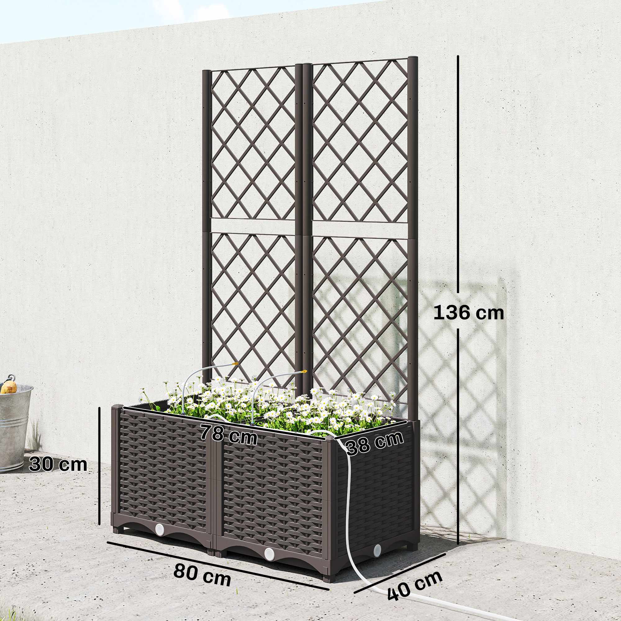Planteringslåda med spaljé, timer, dränering, 80x40x136 cm