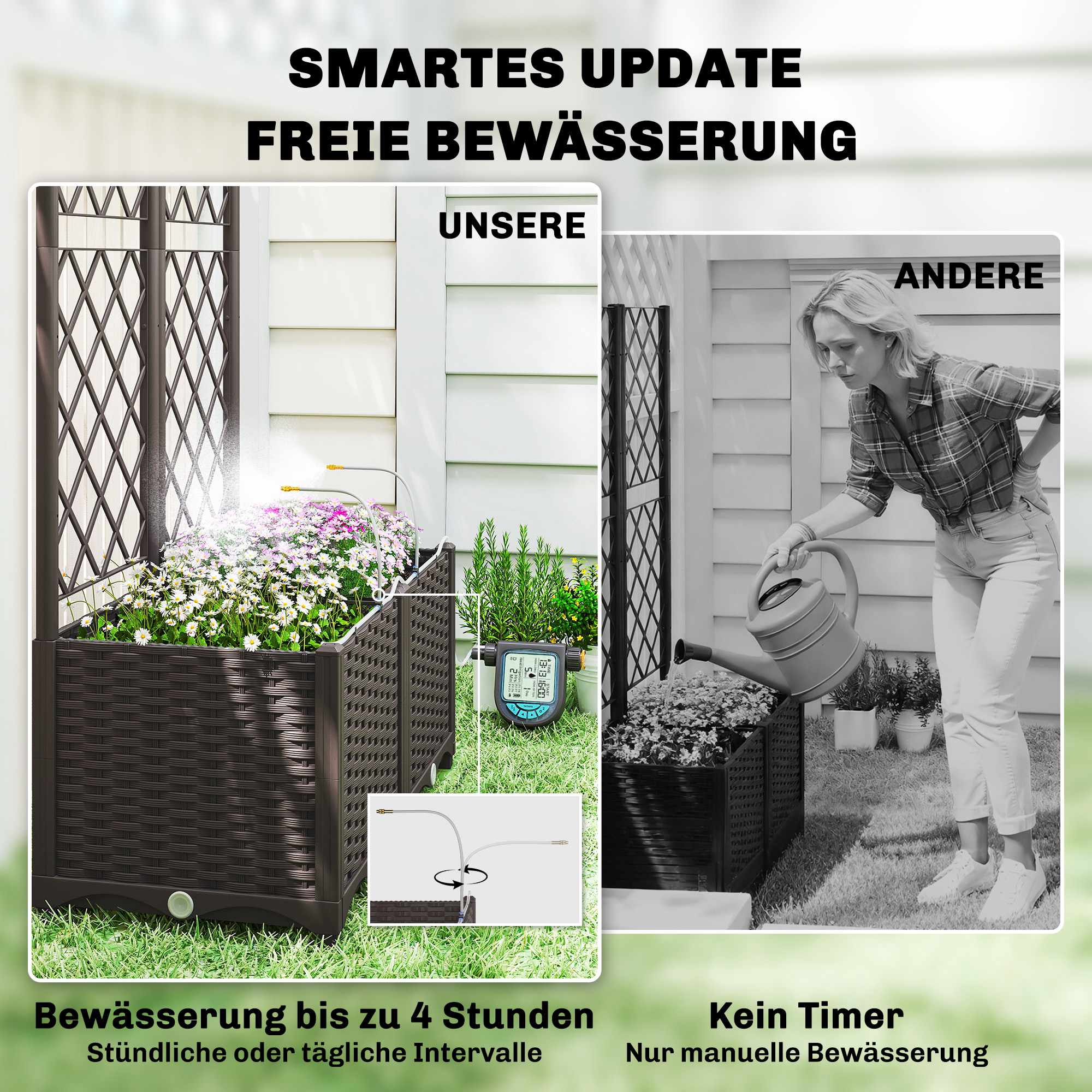 Planteringslåda med spaljé, timer, dränering, 80x40x136 cm