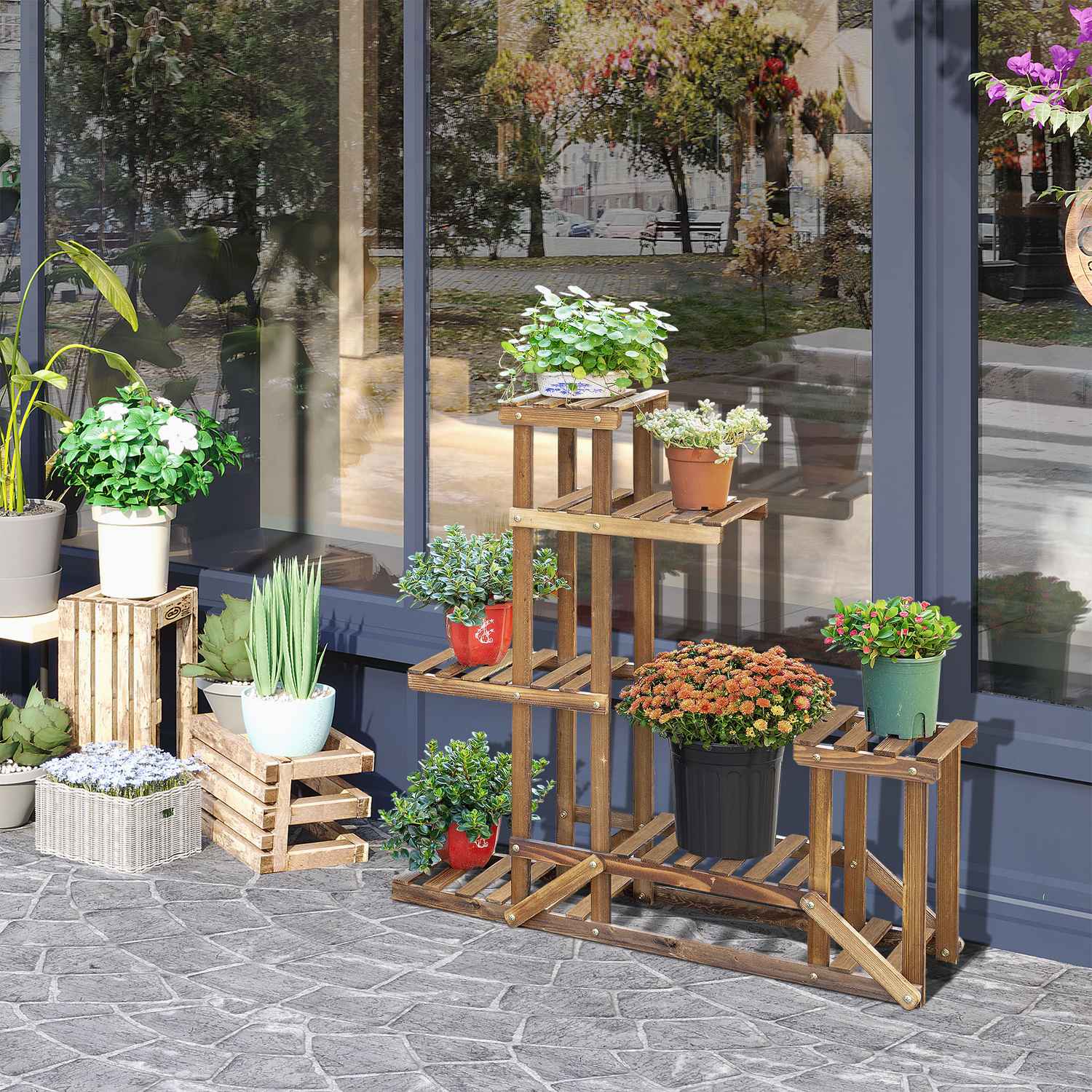 Planthylla i massivt trä – 6-vånings blomsterställ för trädgård