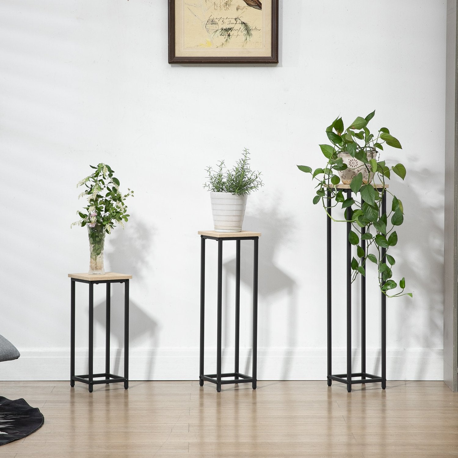Plantställningsset i stål – 3-delad blomkrukhållare, svart & naturlig