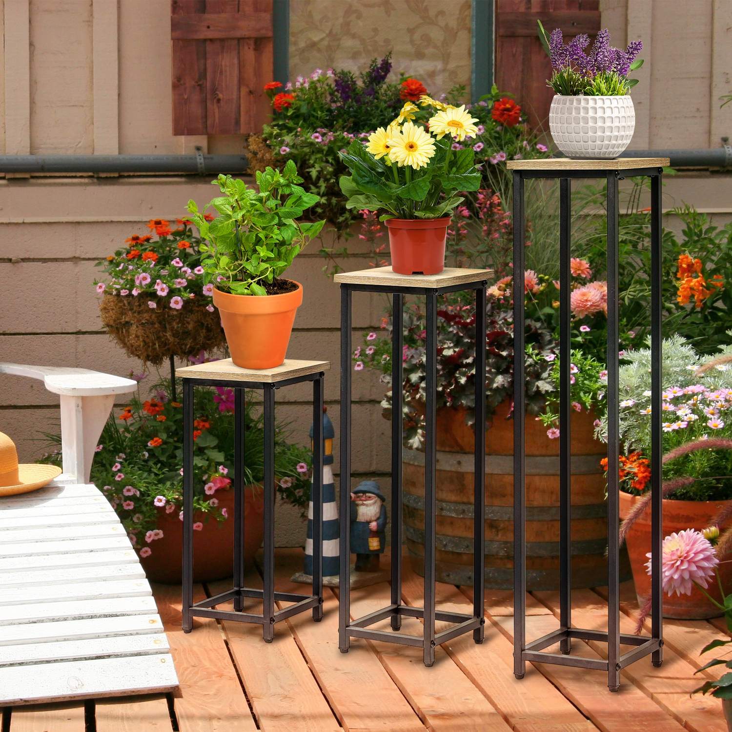 Plantställningsset i stål – 3-delad blomkrukhållare, svart & naturlig