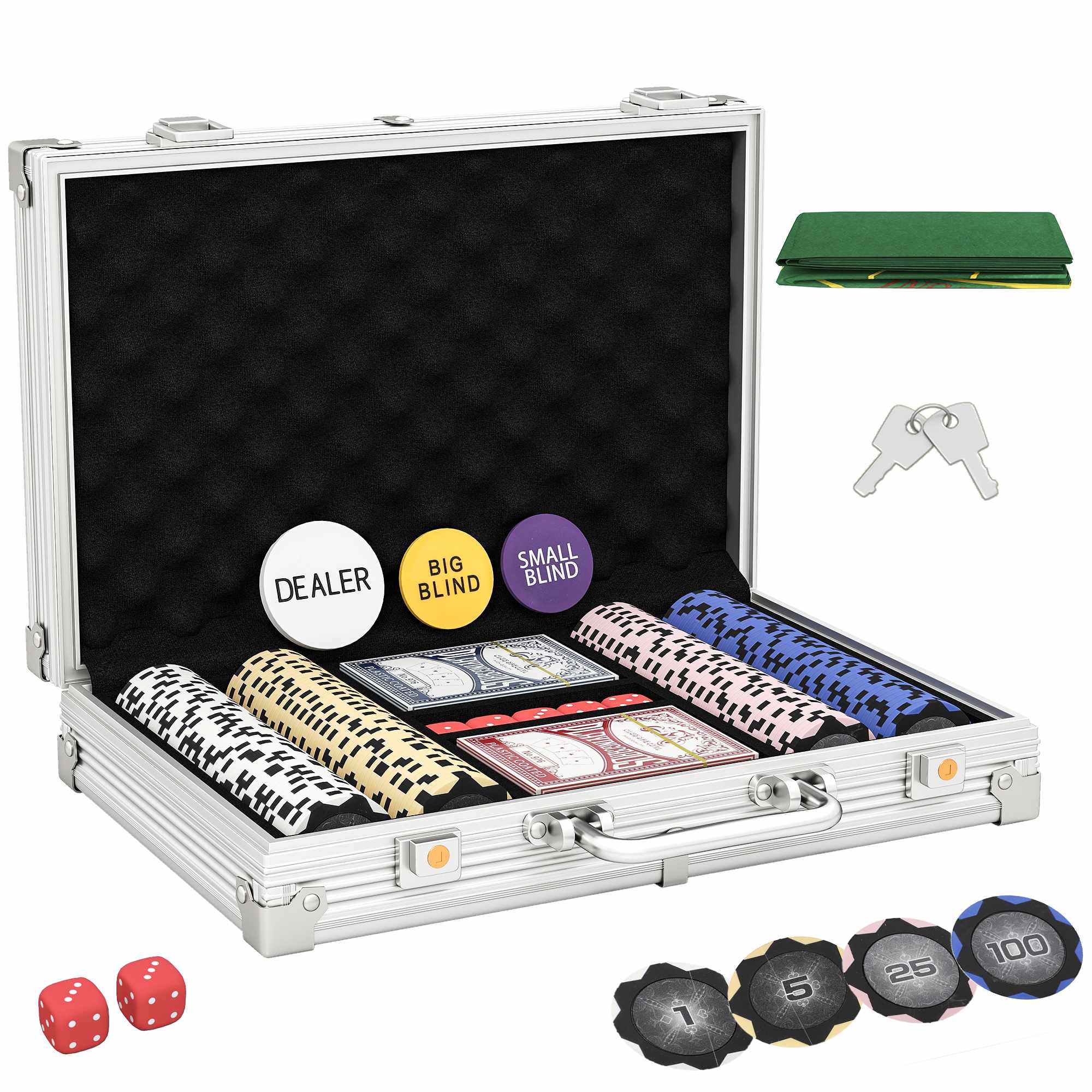 Pokerchipset med fodral, tärningar, dealerknapp, 2 kortlekar