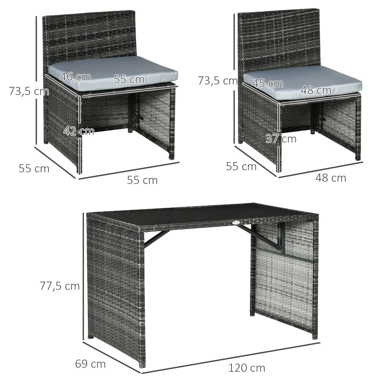 Polyrattan uteserveringsset för 4, Stålstomme, Grå
