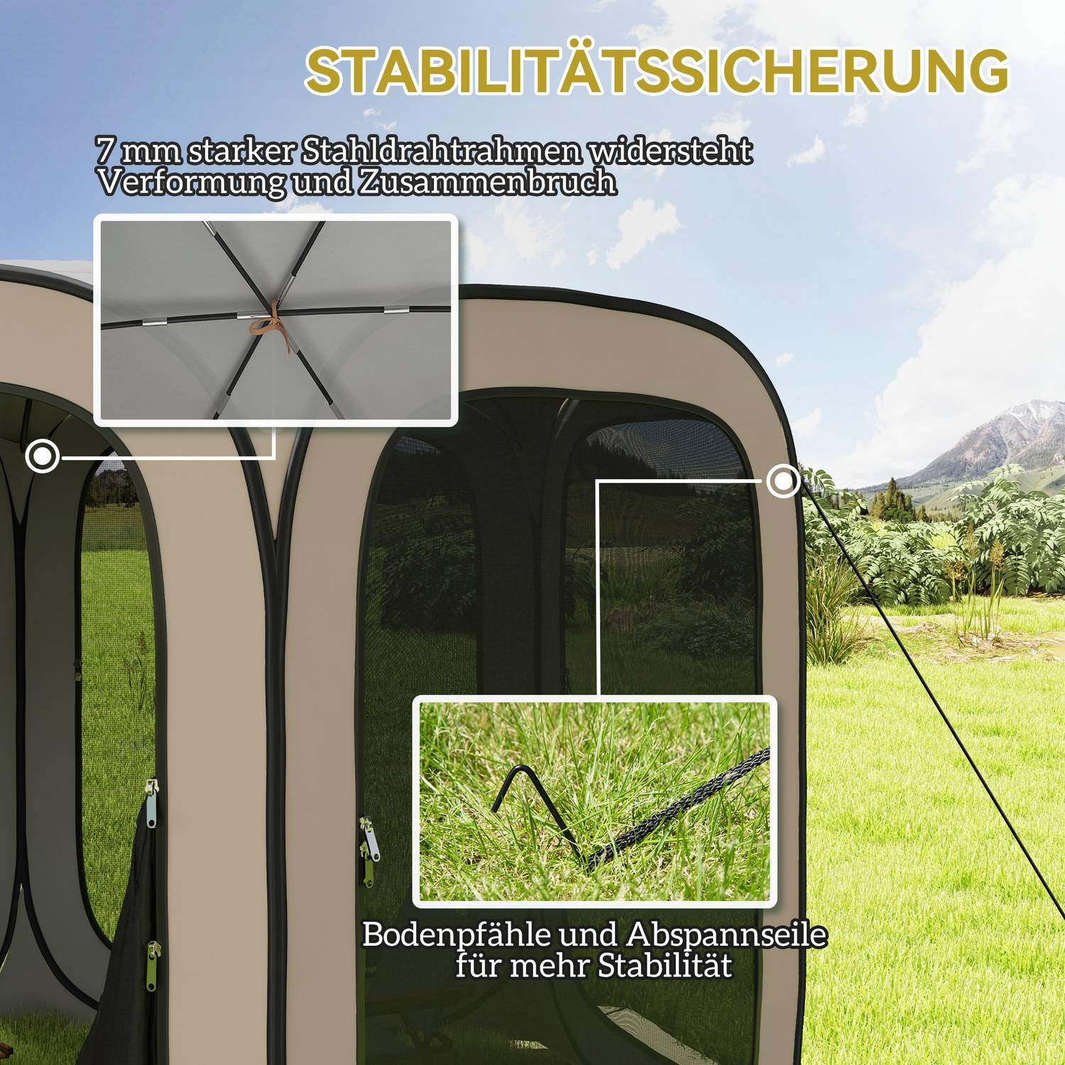 Pop-up campingtält, bärbart, UPF50+ skydd, nätsidor
