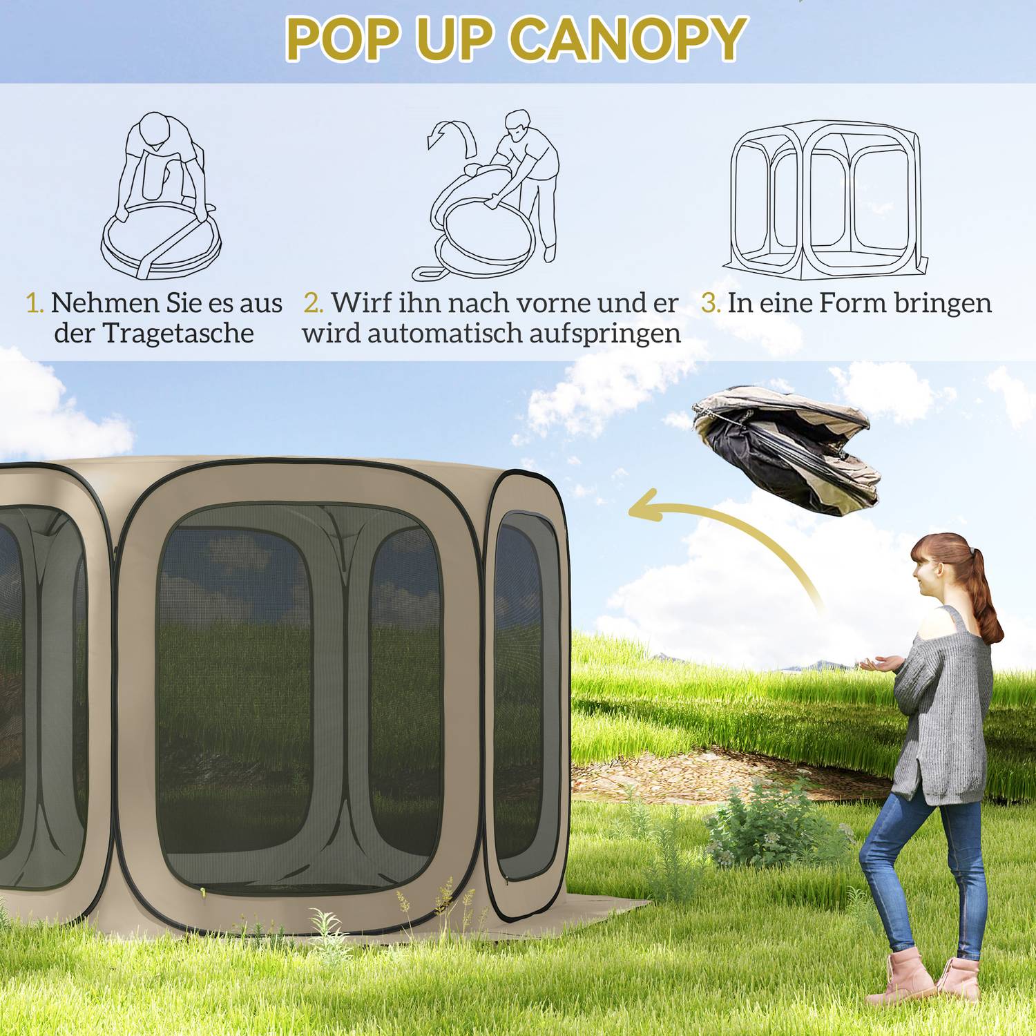 Pop-up campingtält, bärbart, UPF50+ skydd, nätsidor