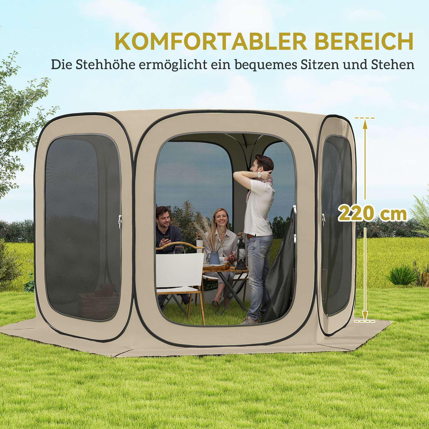 Pop-up campingtält, bärbart, UPF50+ skydd, nätsidor