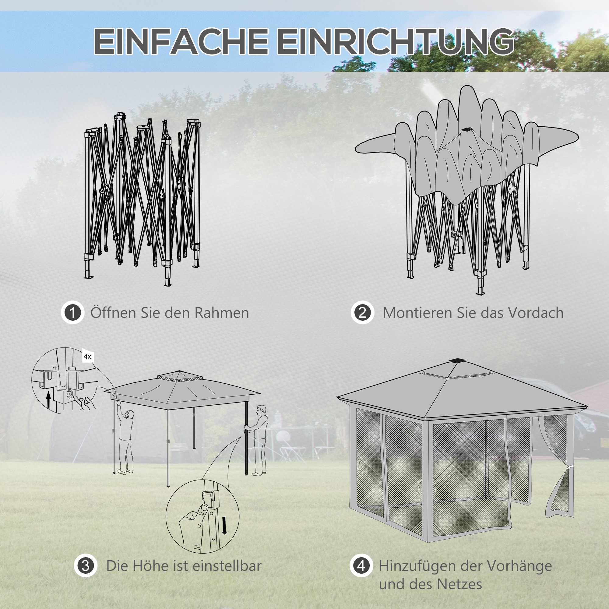 Pop-up-paviljong 3,3x3,3m, vattentålig, LED, myggnät