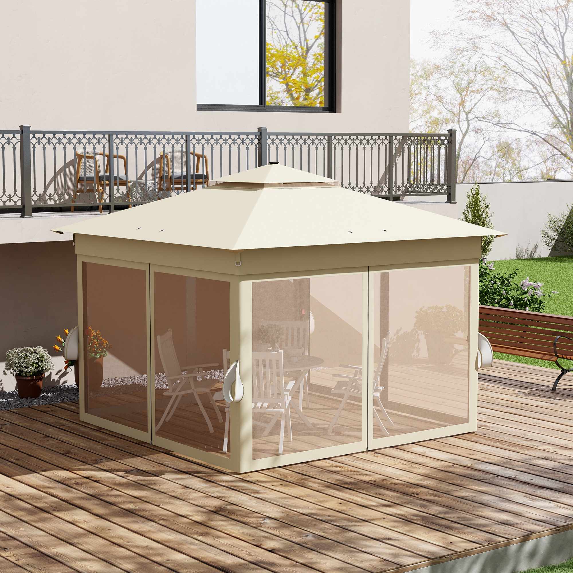 Pop-up-paviljong 3,3x3,3m, vattentålig, LED, myggnät