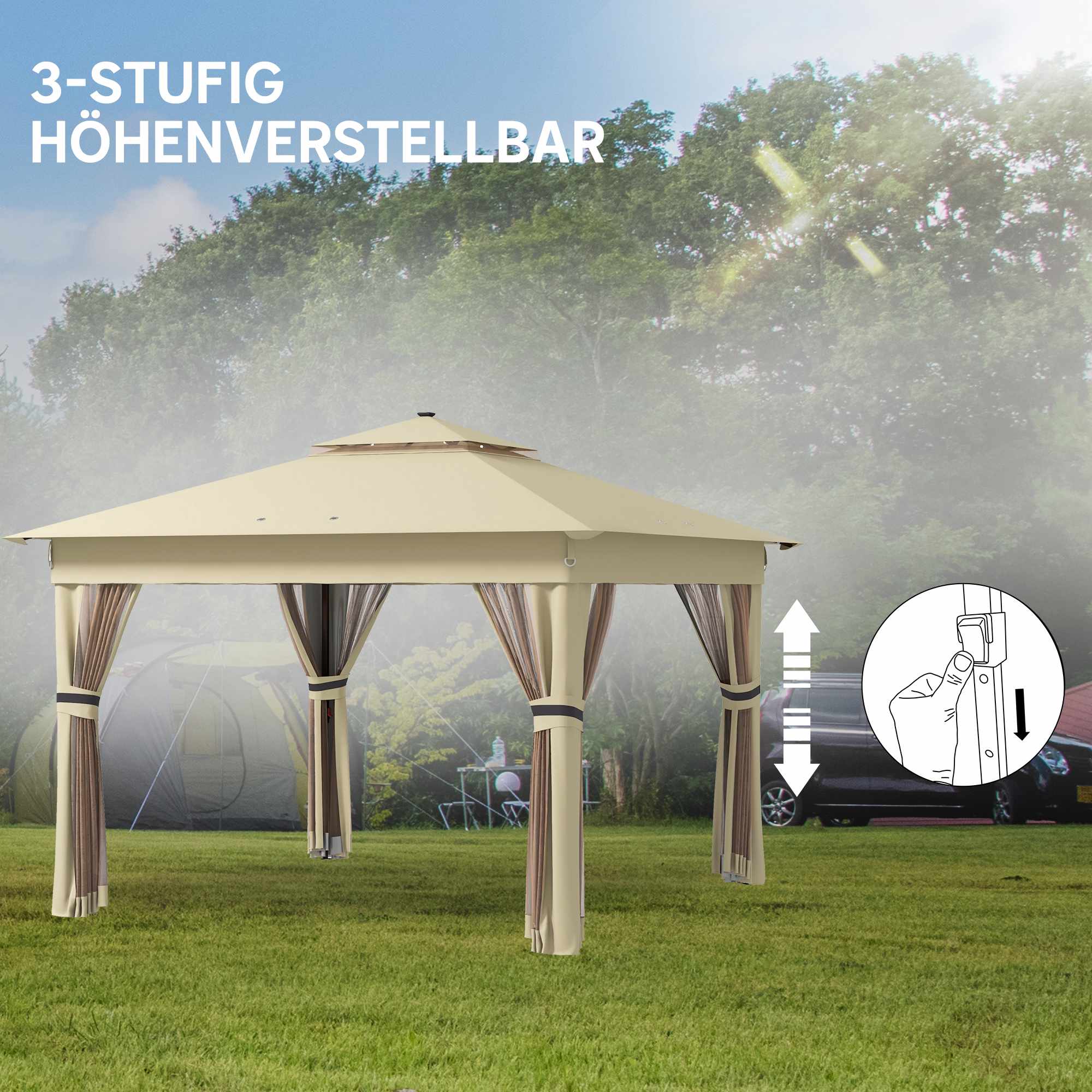Pop-up-paviljong 3,3x3,3m, vattentålig, LED, myggnät