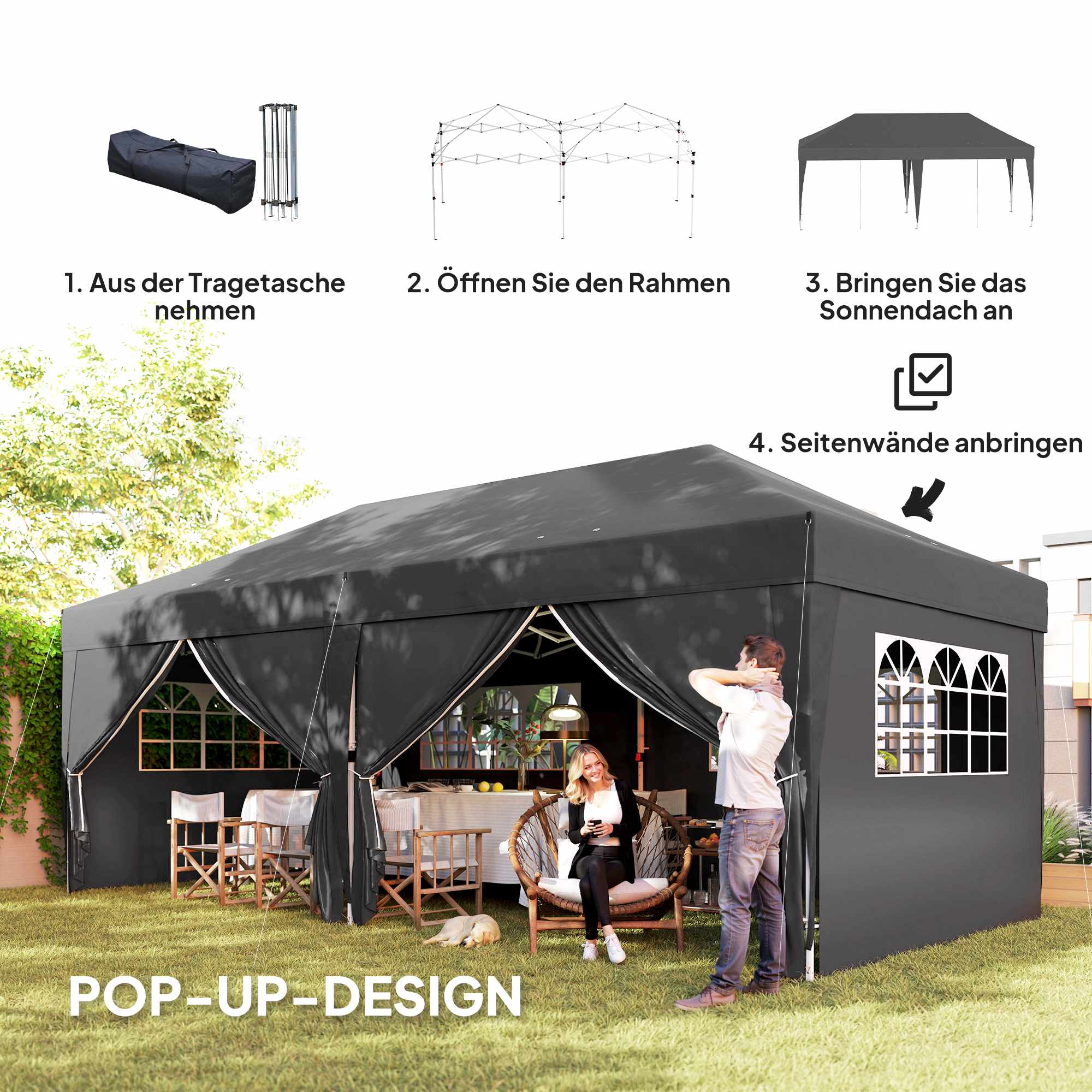 Pop-up-paviljong 6x3m med avtagbara väggar, UV-skydd