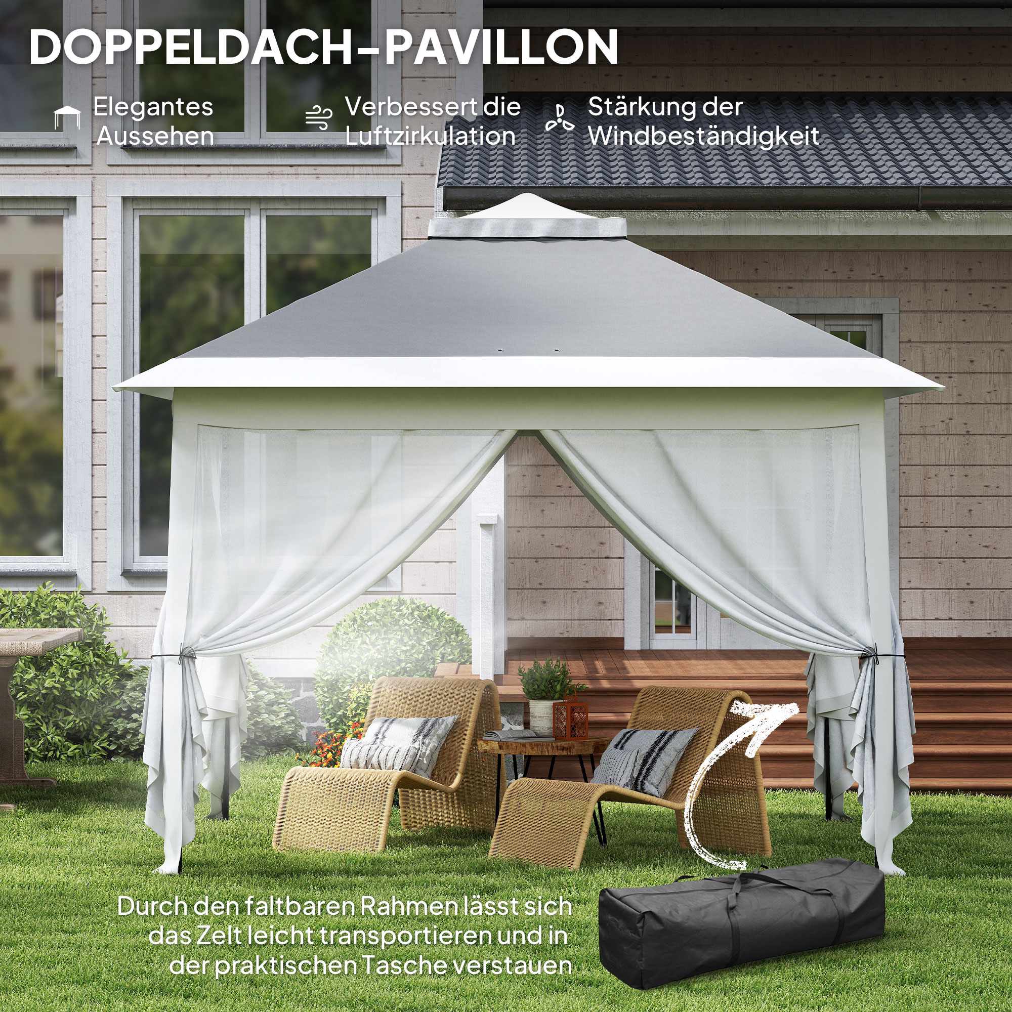 Pop-up trädgårdspaviljong, metallram, grå, 330x330x288 cm