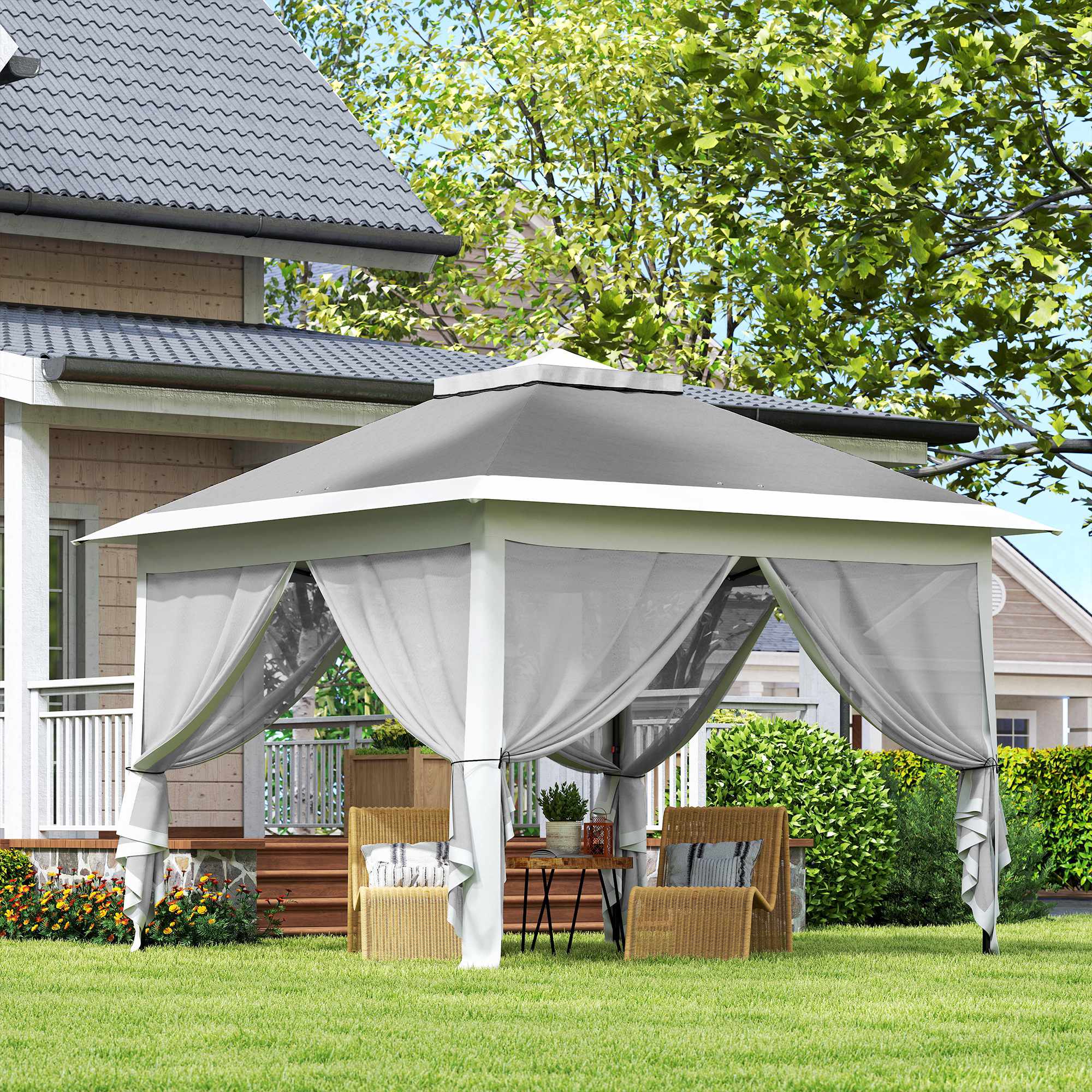 Pop-up trädgårdspaviljong, metallram, grå, 330x330x288 cm
