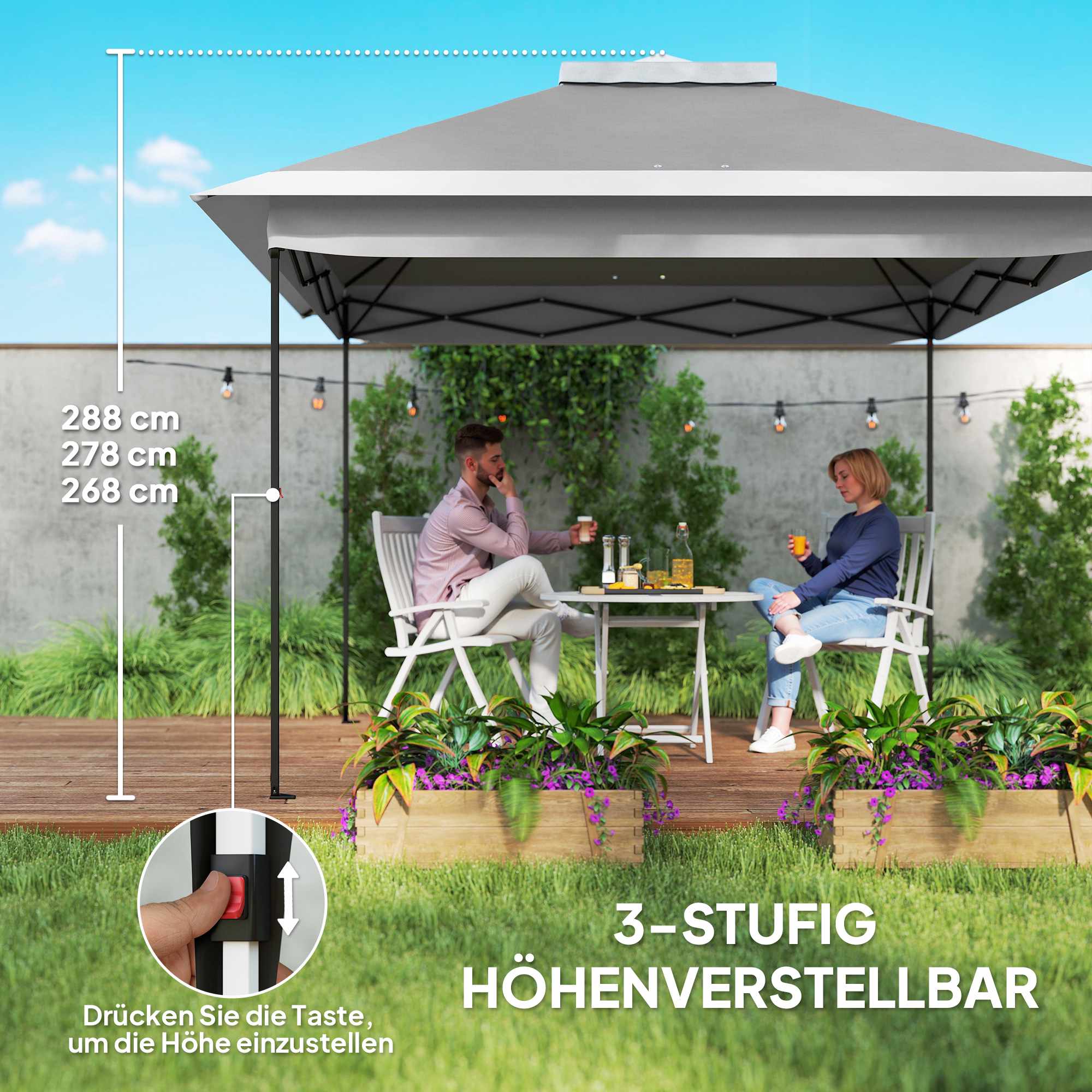 Pop-up trädgårdspaviljong, metallram, grå, 330x330x288 cm