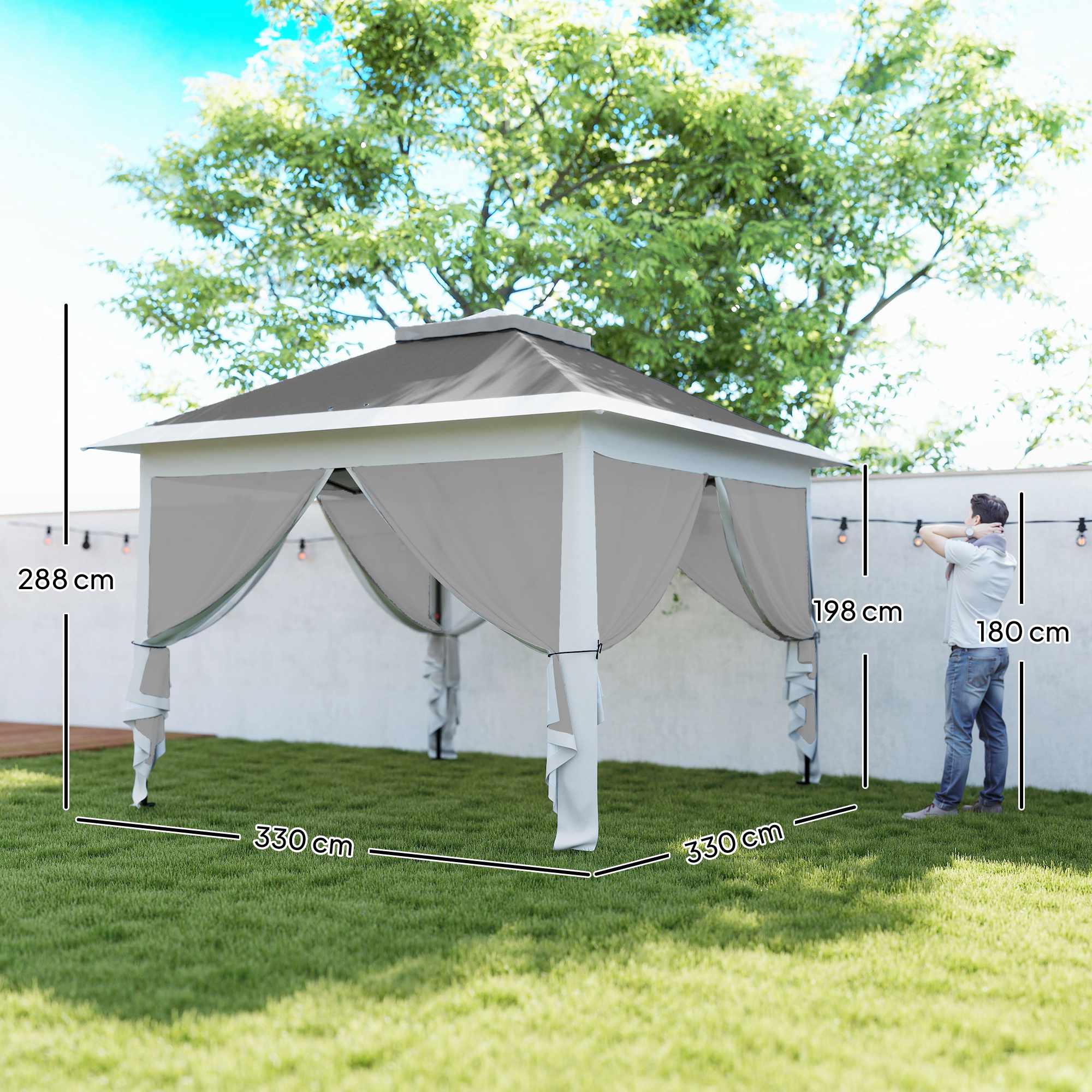 Pop-up trädgårdspaviljong, metallram, grå, 330x330x288 cm