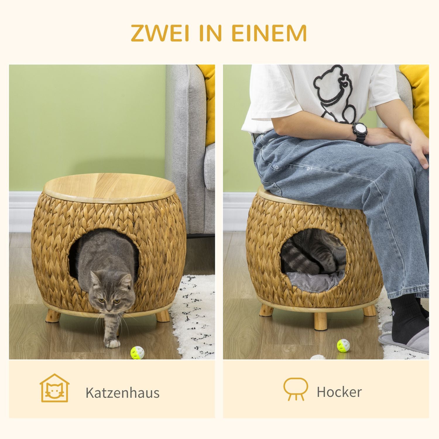 Rattan Cat Cave & Bed – 2-i-1 med kudde, 44x43x42cm