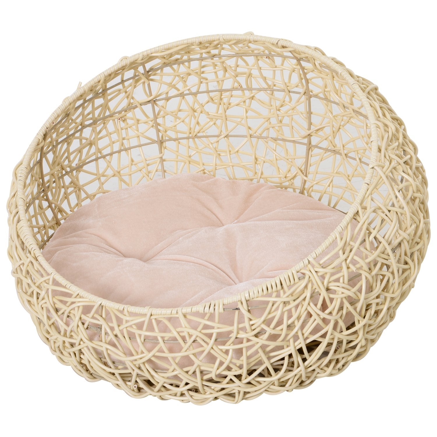 Rattan Cat Cave Bed – Mysig beige med kudde, 56x35Cm