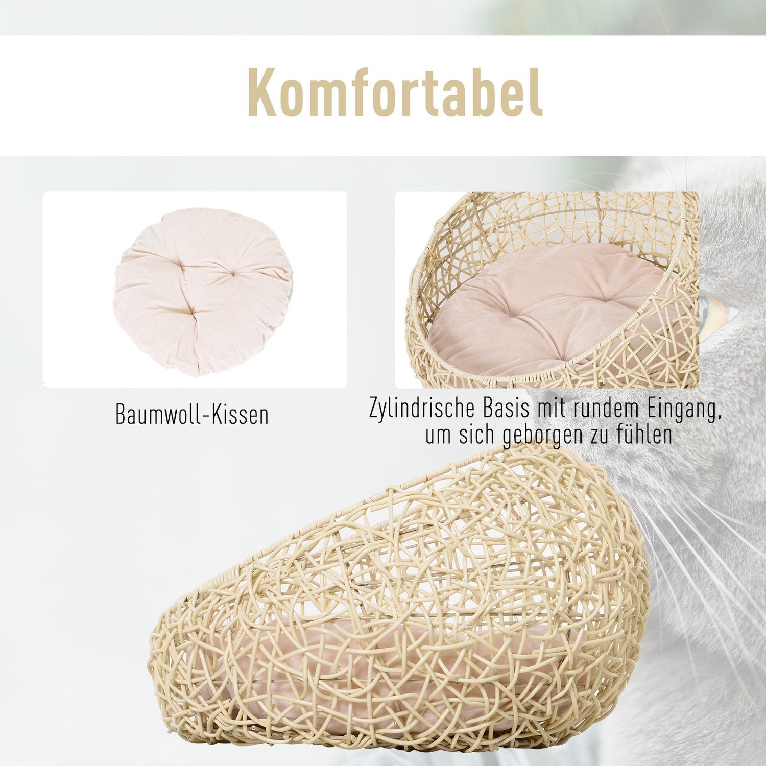 Rattan Cat Cave Bed – Mysig beige med kudde, 56x35Cm