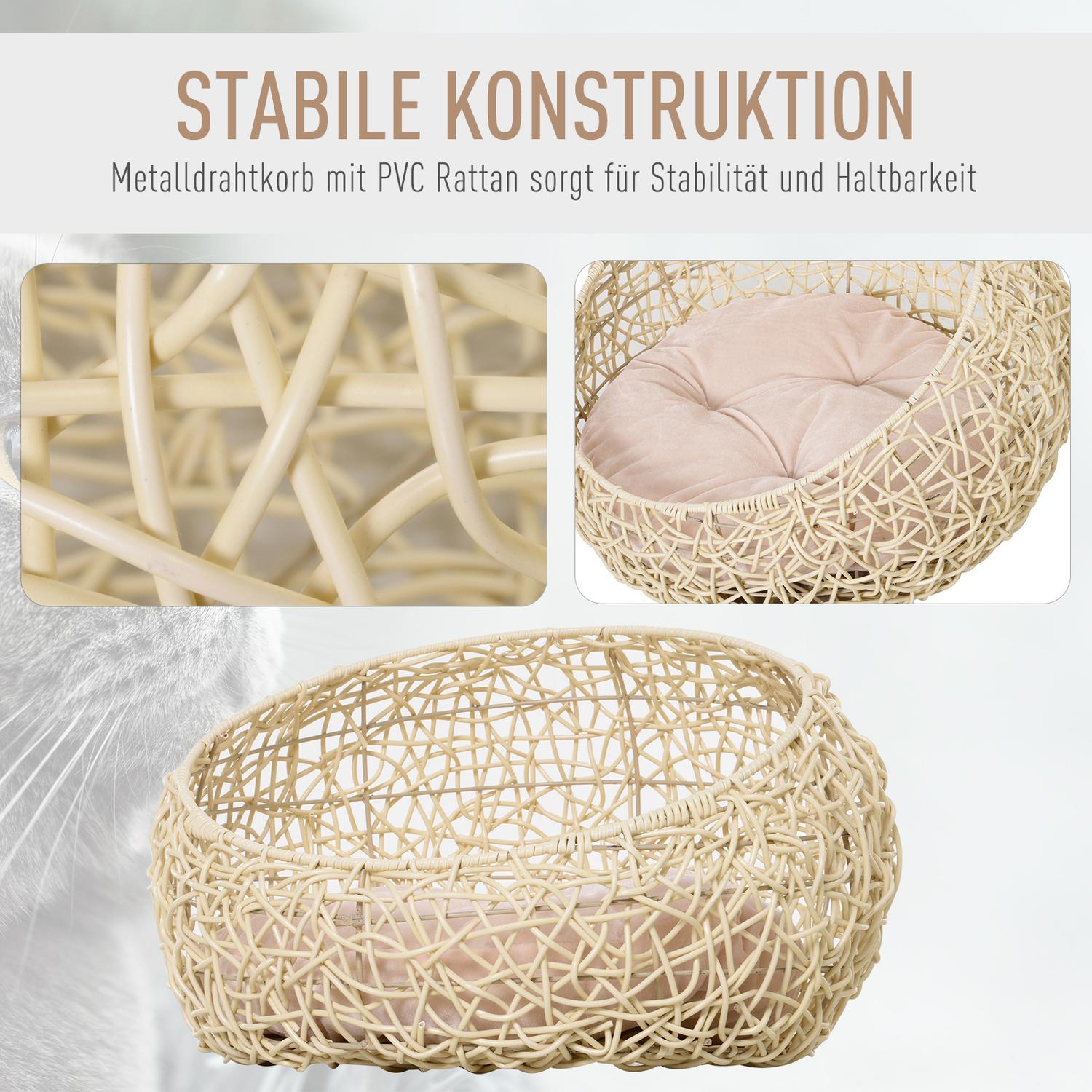 Rattan Cat Cave Bed – Mysig beige med kudde, 56x35Cm