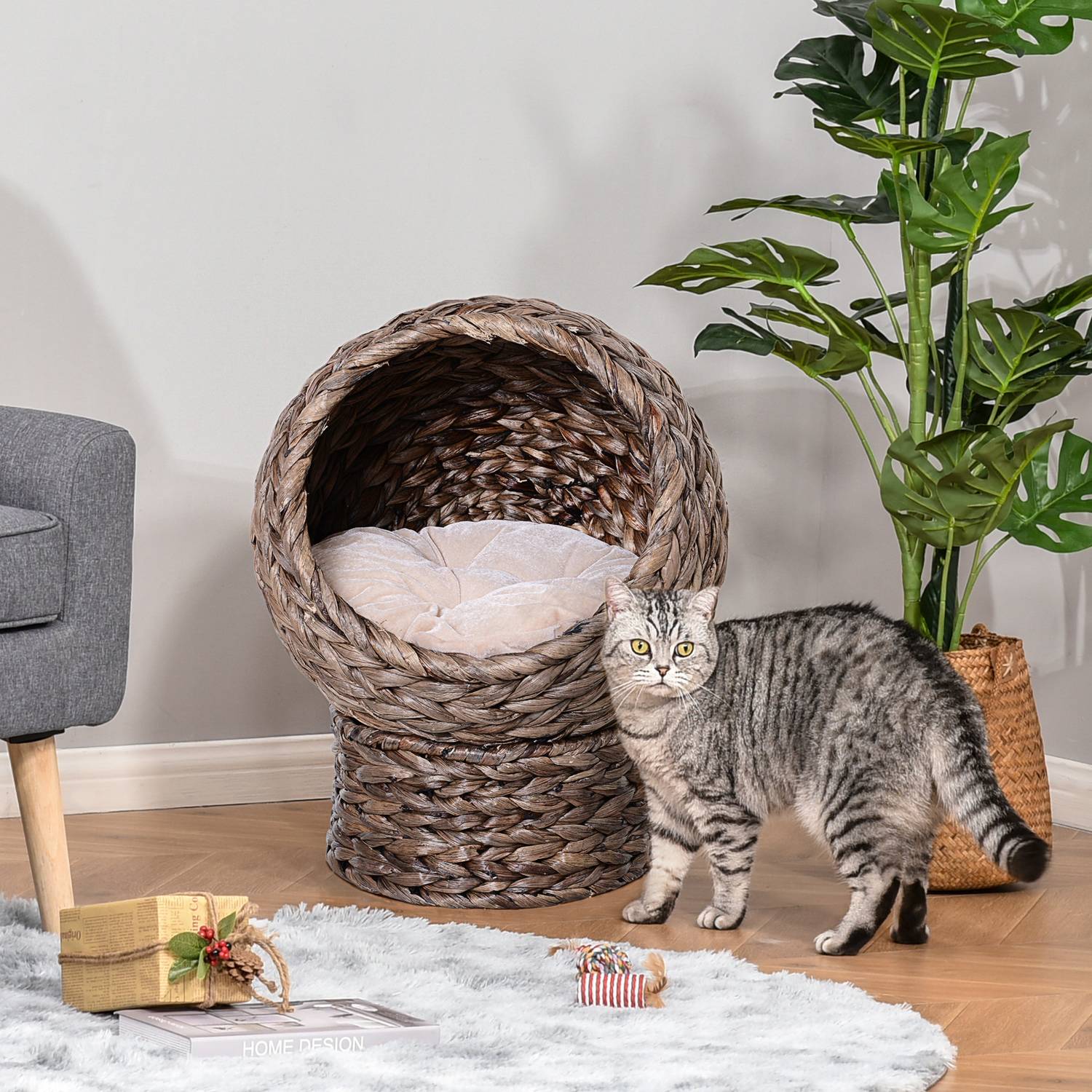 Rattan Cat Cave Bed, mörkbrun, vattenhyacint, med kudde