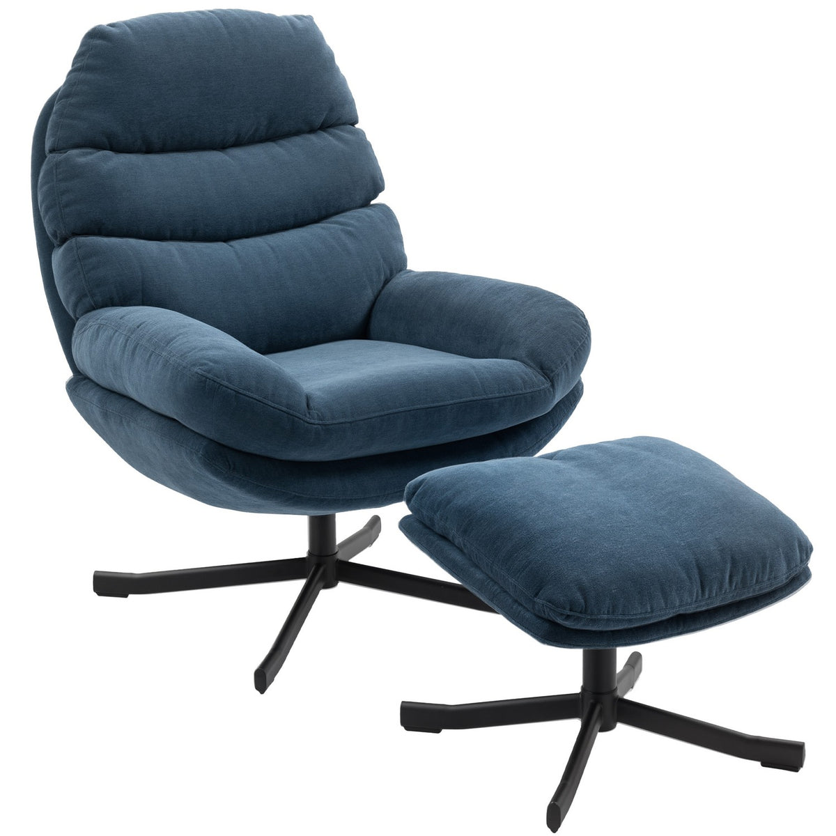 Relaxfåtölj med fotpall, chenilletyg, blå, 360 graders vridbar