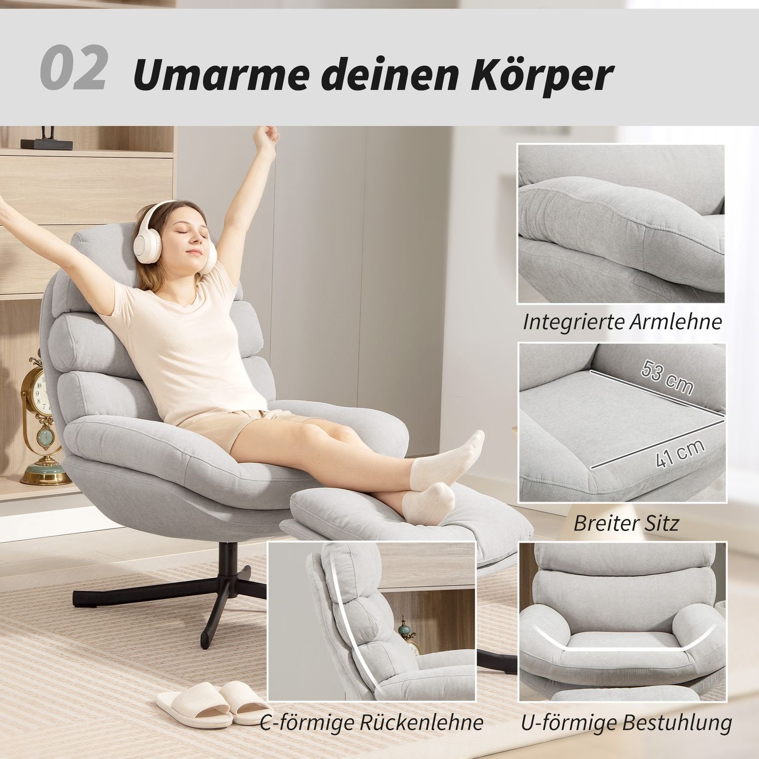 Relaxfåtölj med fotpall, chenilletyg, krämfärgad, 360 graders snurrbar