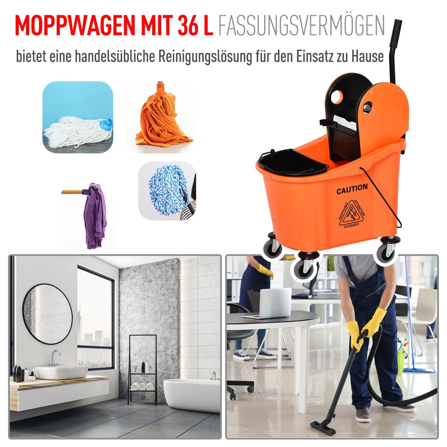 Rengöringsvagn med vridsystem, 36L - Svart/Orange