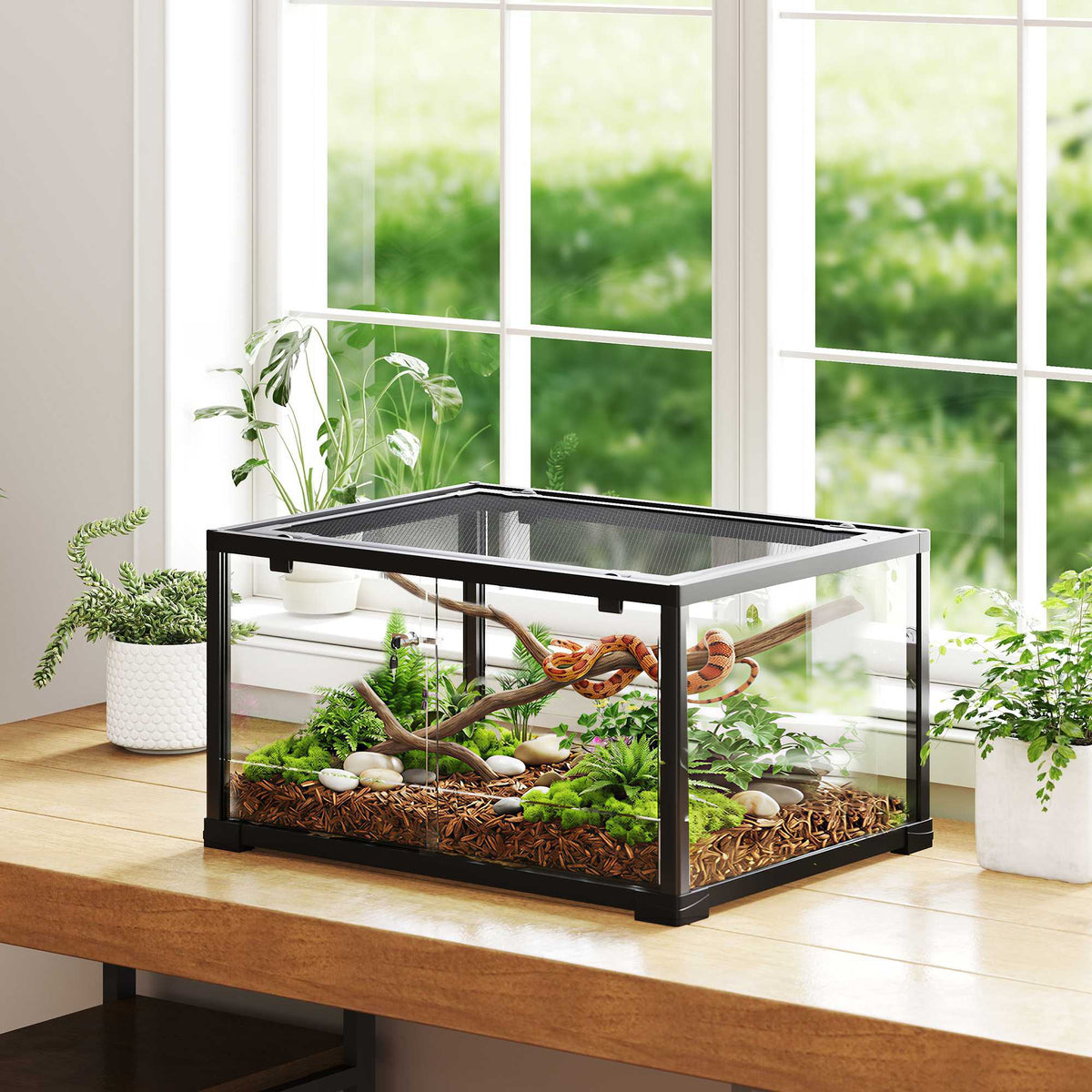 Reptilterrarium, 86 liter, skjutdörrar, säkert, 60x45x32 cm