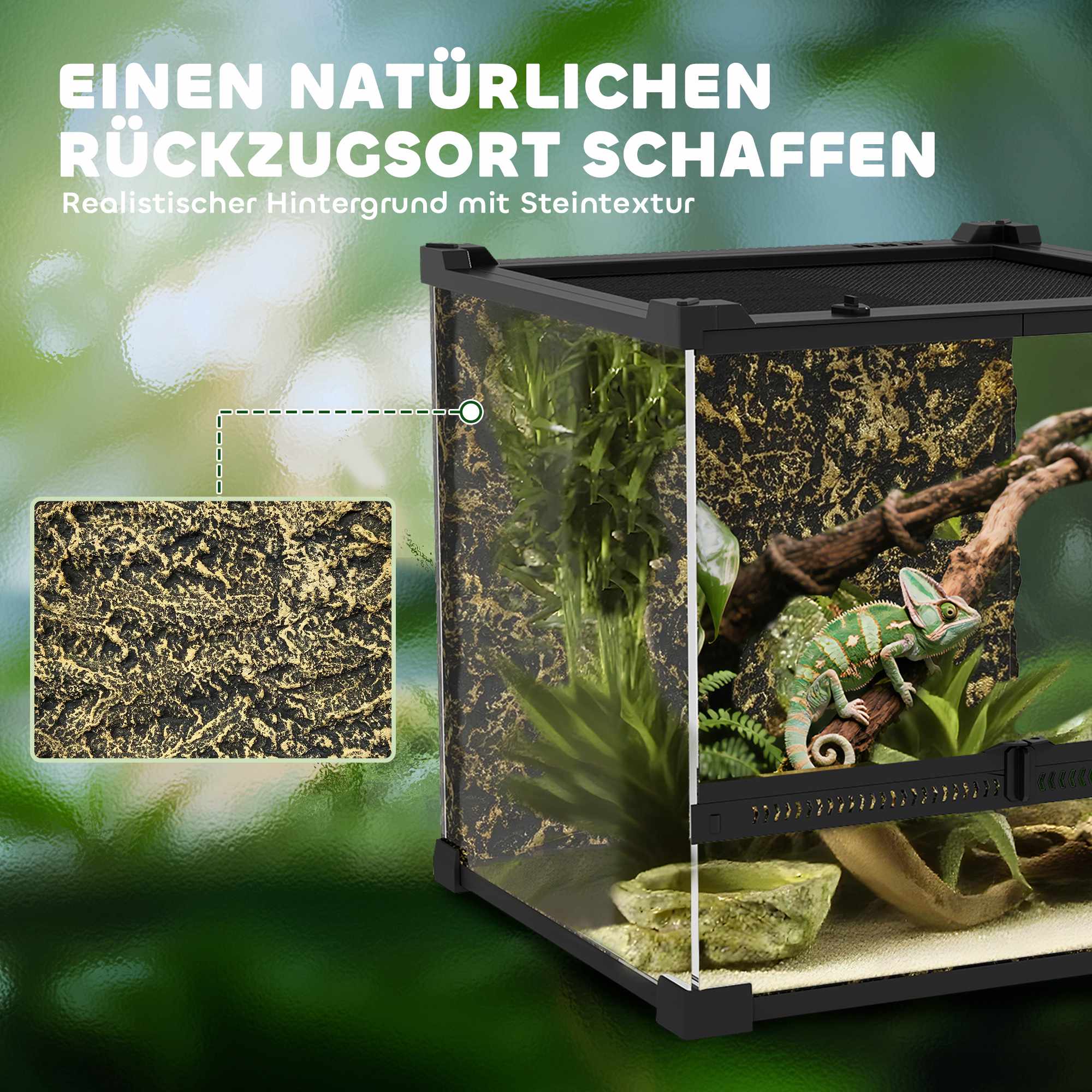 Reptilterrarium i glas, vattentät bas, säkert lås