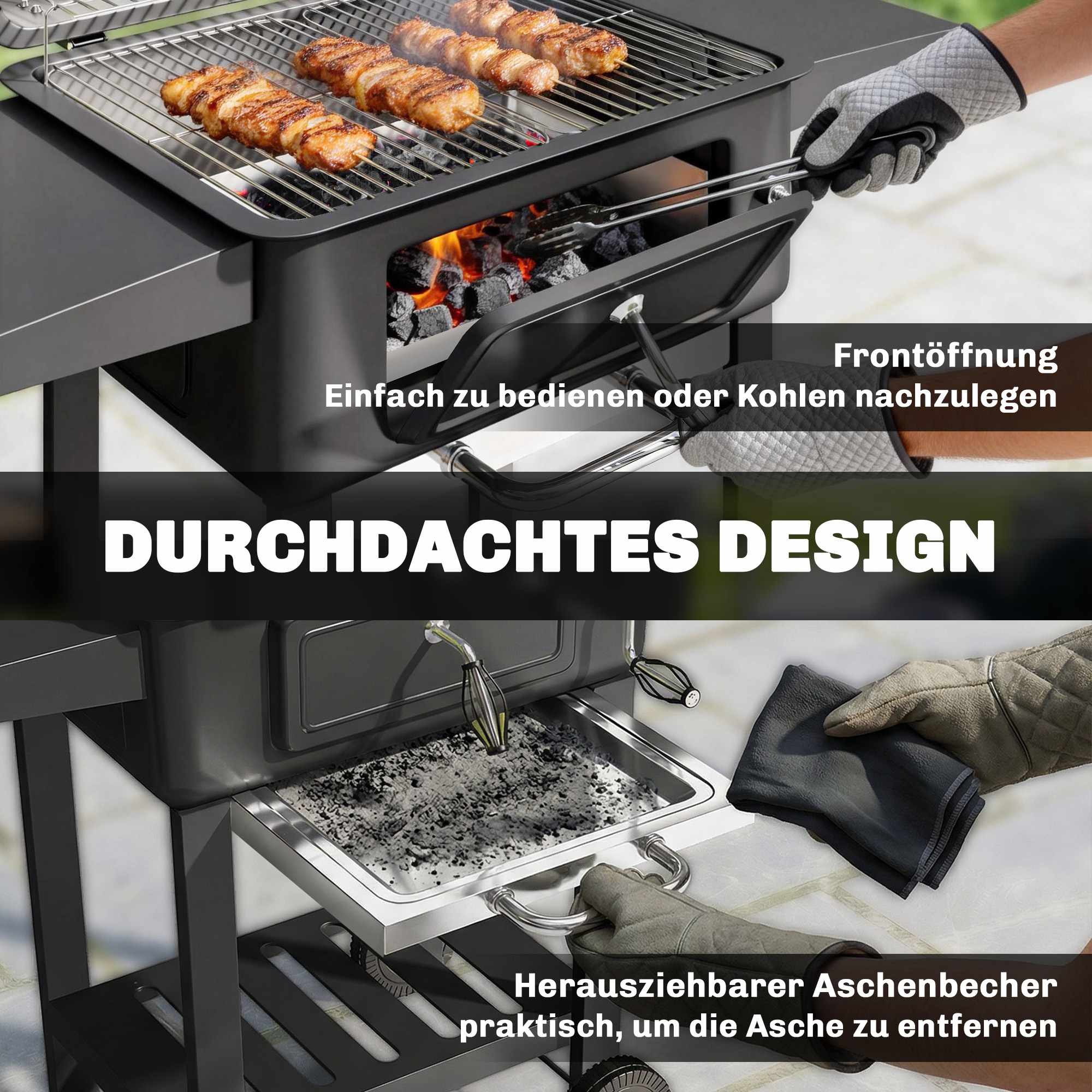 Rökgrill med kolgrill och justerbar kolpanna och termometer