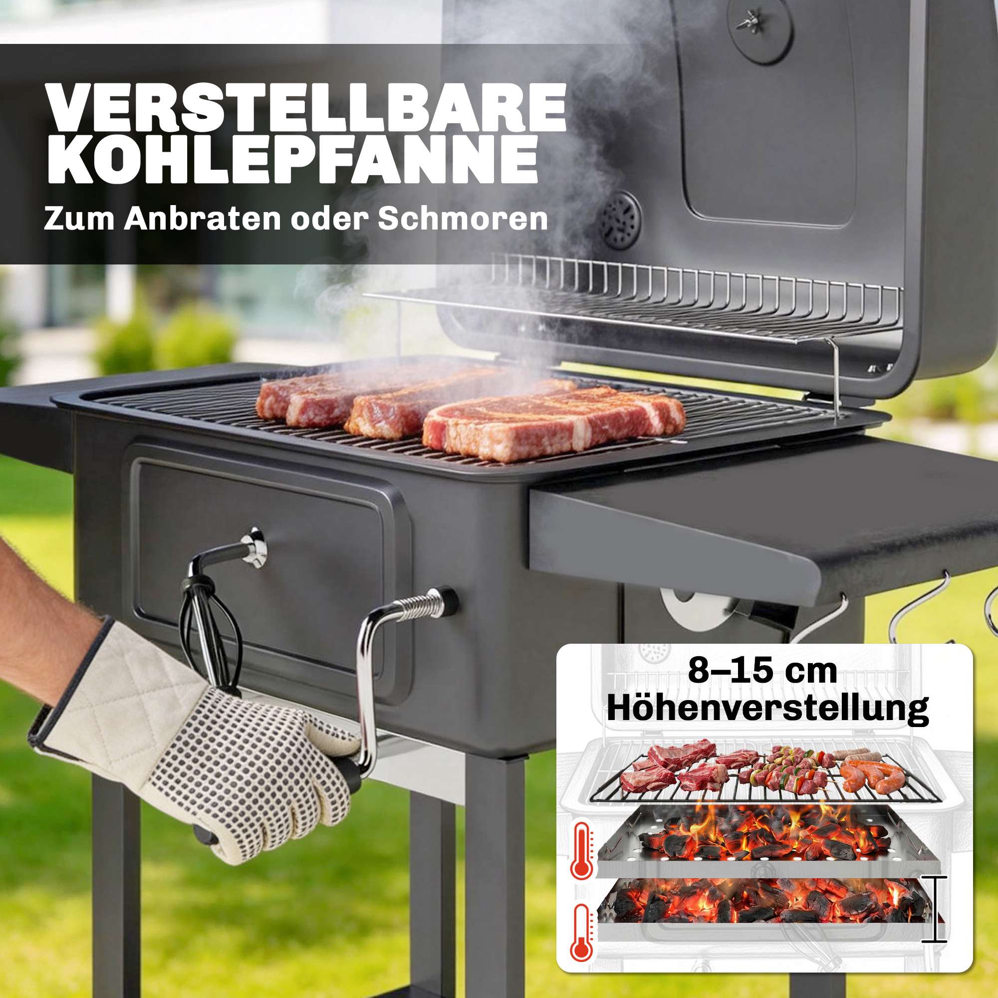 Rökgrill med kolgrill och justerbar kolpanna och termometer