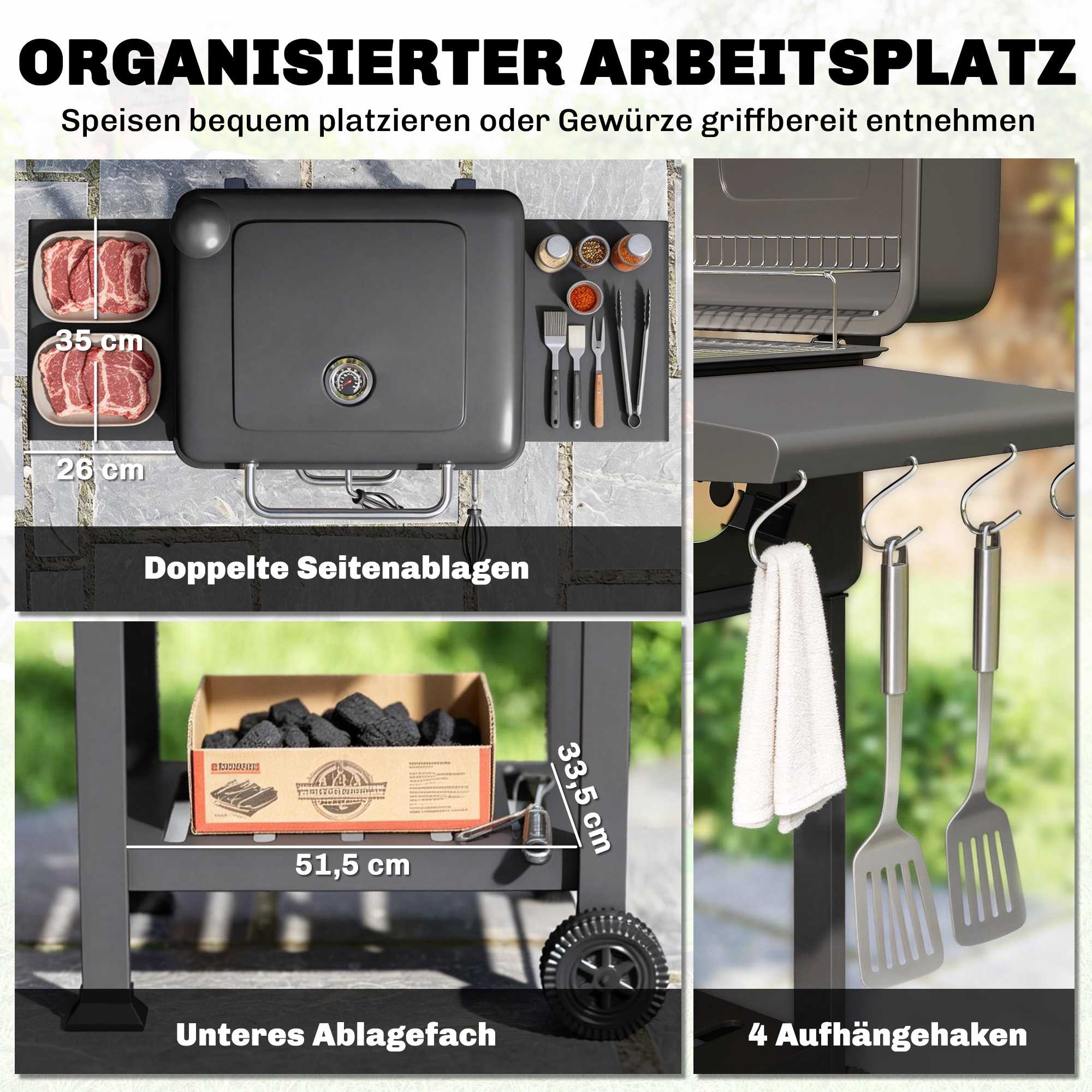 Rökgrill med kolgrill och justerbar kolpanna och termometer