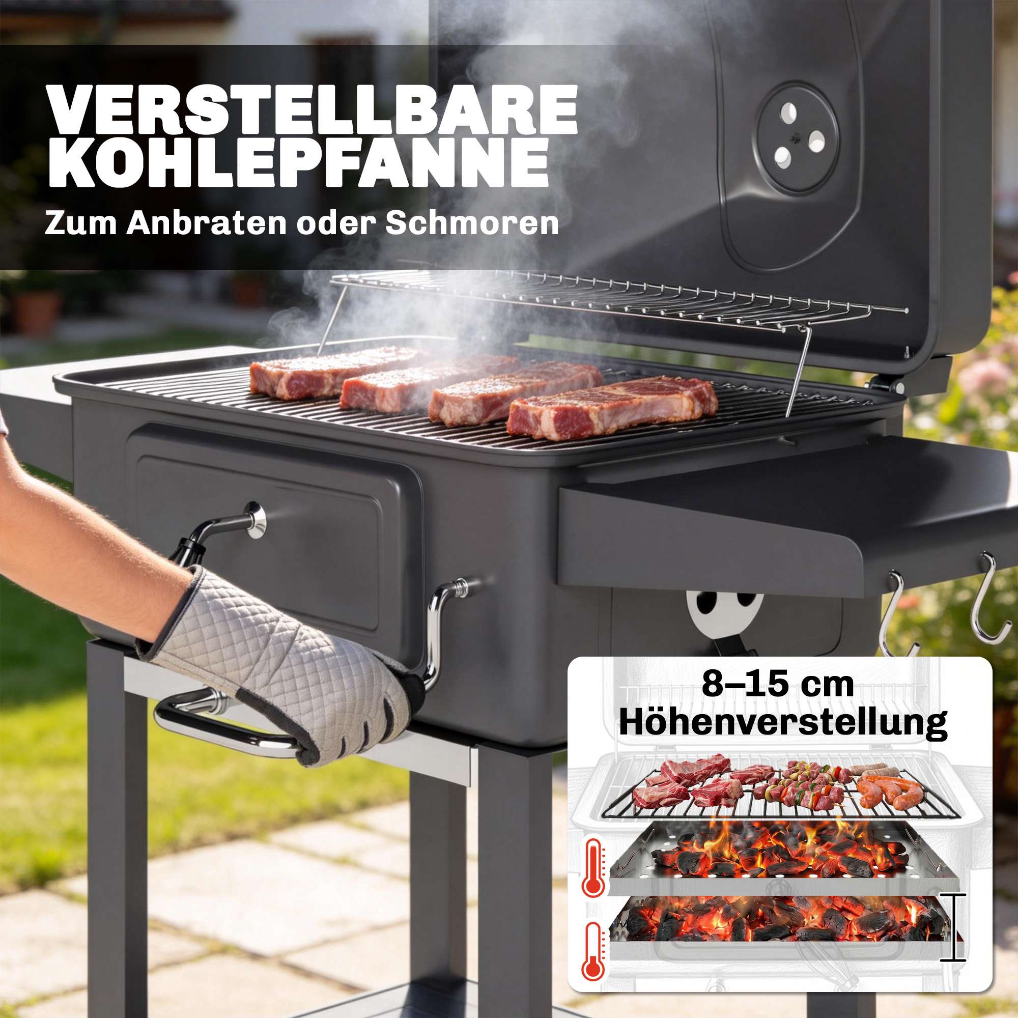 Rökgrill med kolgrill och termometer, justerbart galler