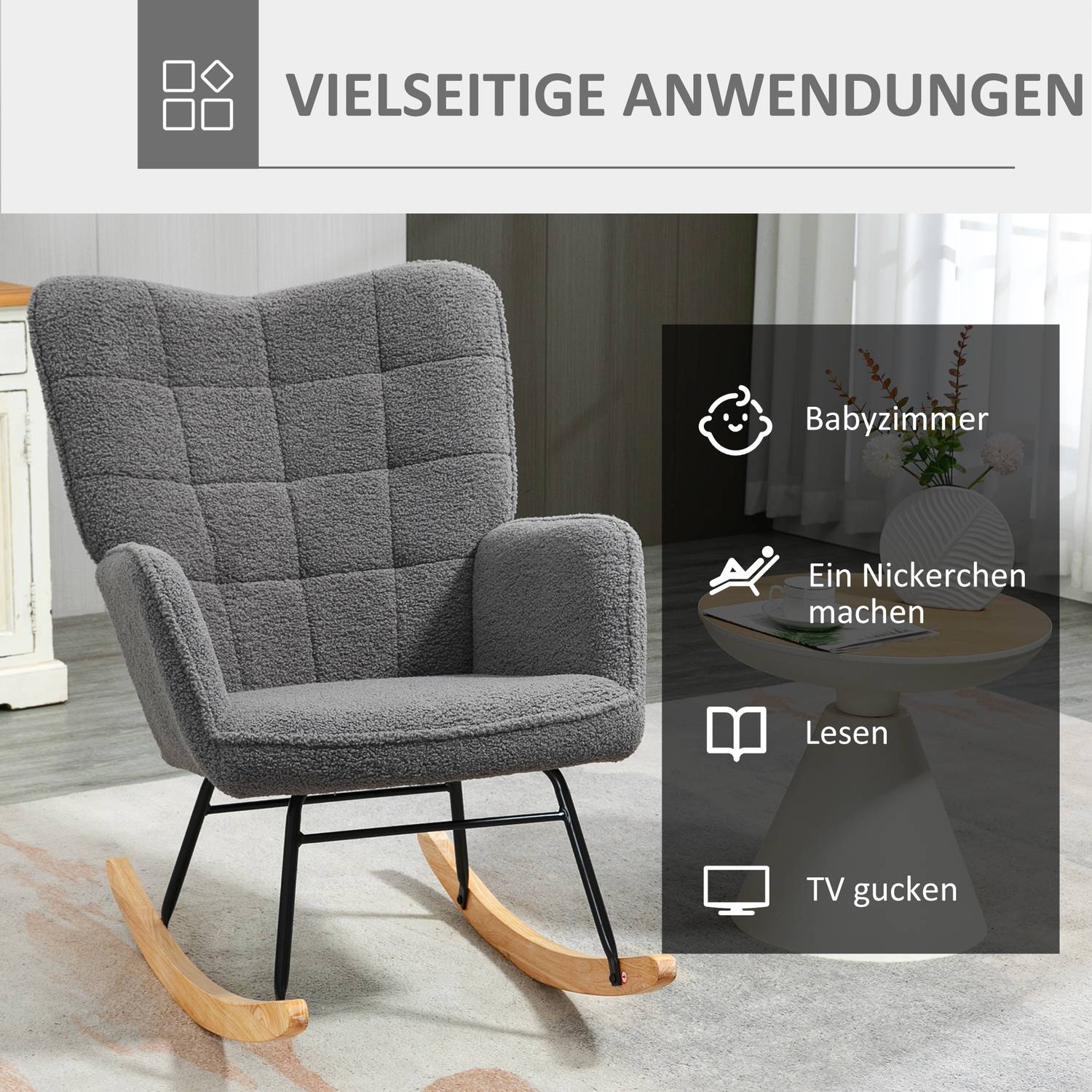 Rocking Accent Chair, mörkgrå berberfleece, 71x92x101 cm