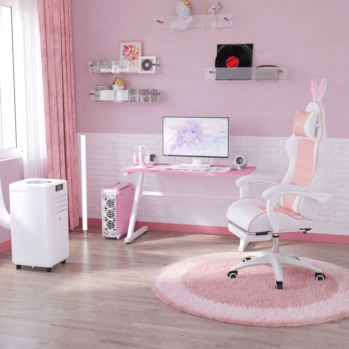 Chaise gaming ergonomique rose avec soutien lombaire et repose-pieds