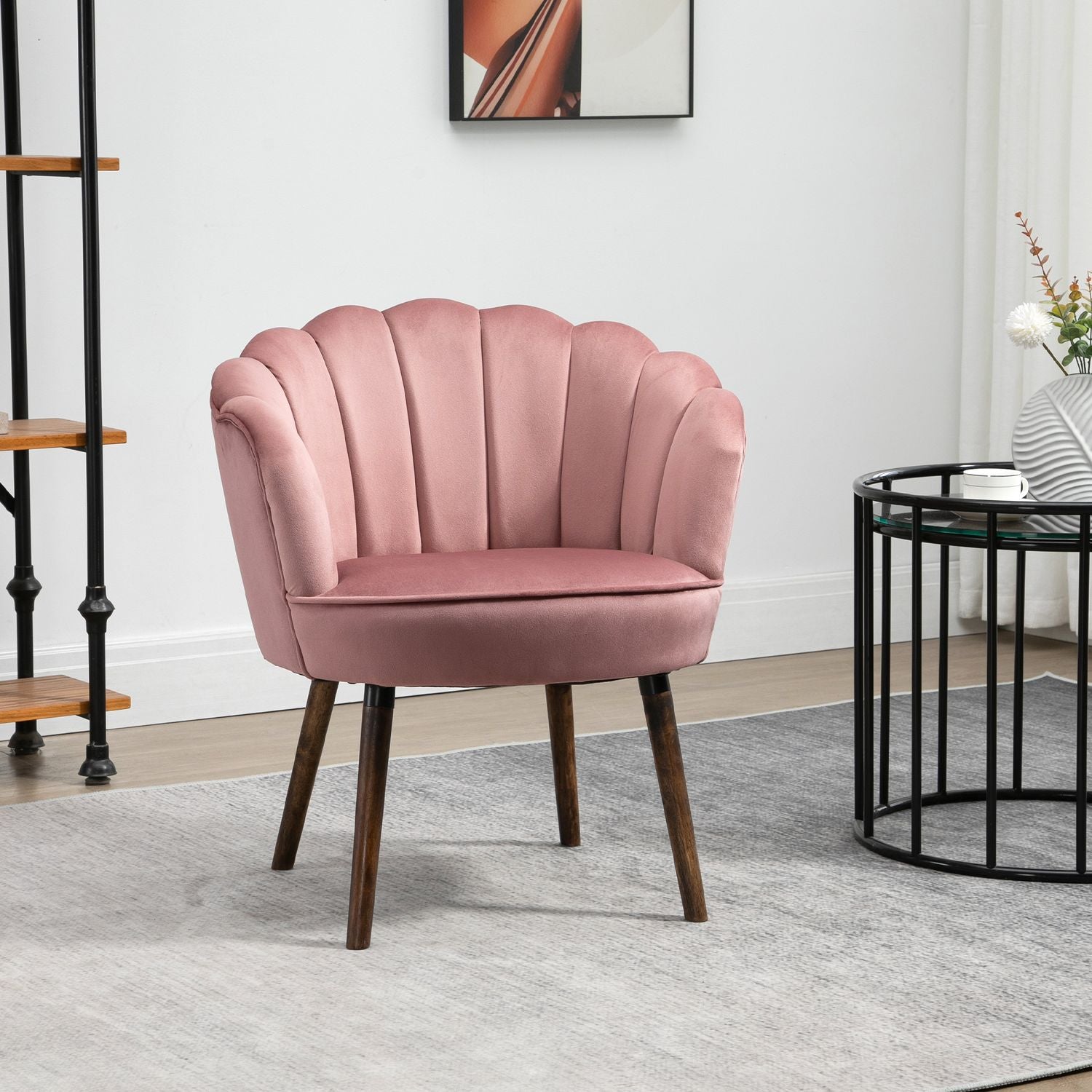 Rosa fåtölj med ryggstöd – polyester, gummiträ