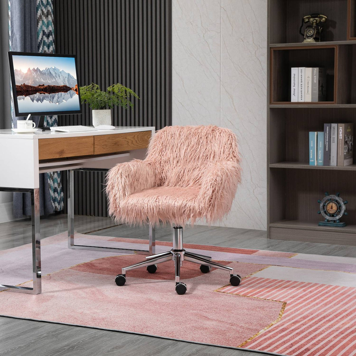 Rosa Chefsessel aus Kunstfell, drehbar, höhenverstellbar