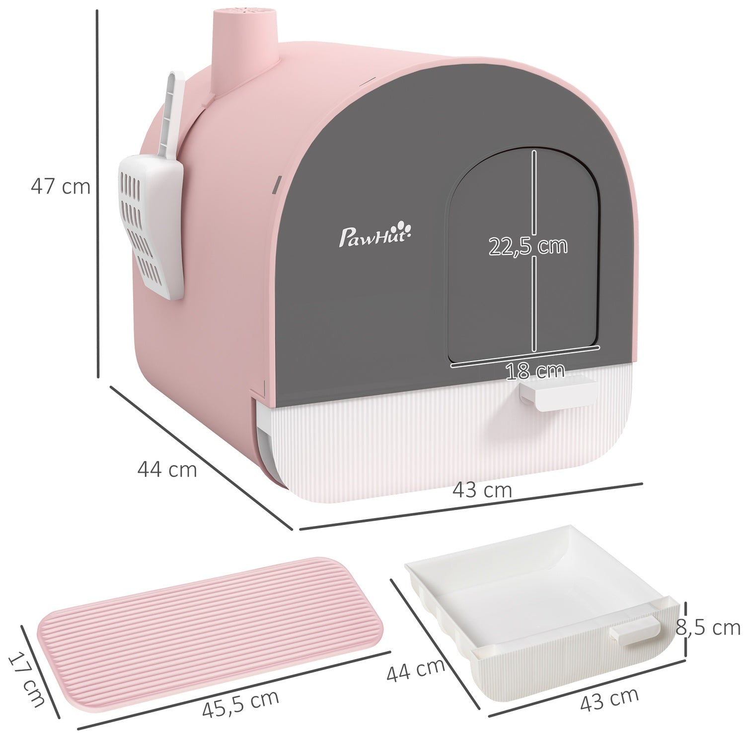 Rosa kattsandlåda med utdragbar bricka och matta, 5 kg kapacitet